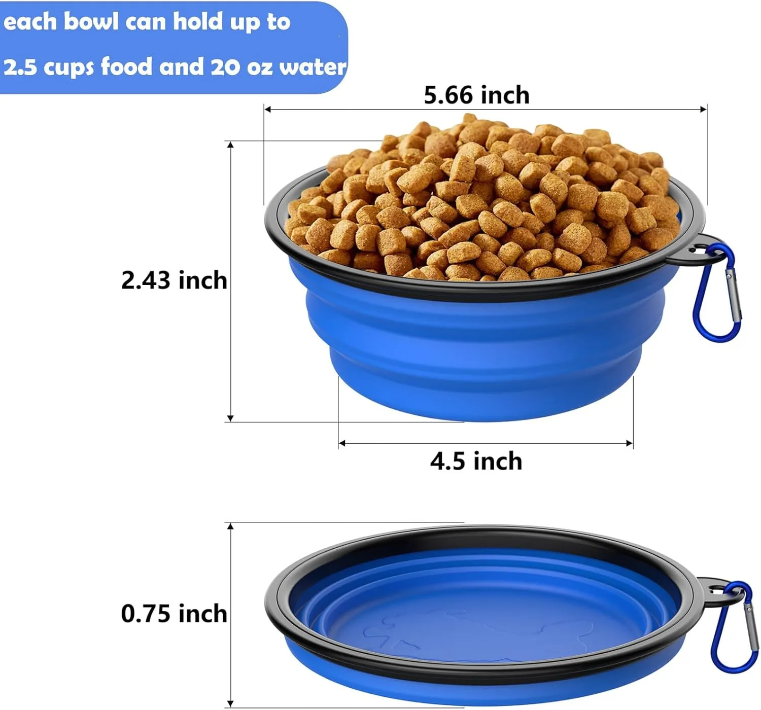 2 Pack Collapsible Dog Bowl Travel Portable Pet Bowls [20oz,600ml],Expandable Foldable Food Water Feeding Dishes for Traveling Hiking Walking,with Carabiners [Black,Blue]