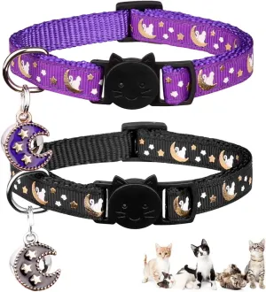 2Pcs Breakaway Cats Collars Cat Collars for Boy & Girl Cats Moons Adjustable Kitten Collars with Bell & Pendant Glow in The Dark,Purple Black