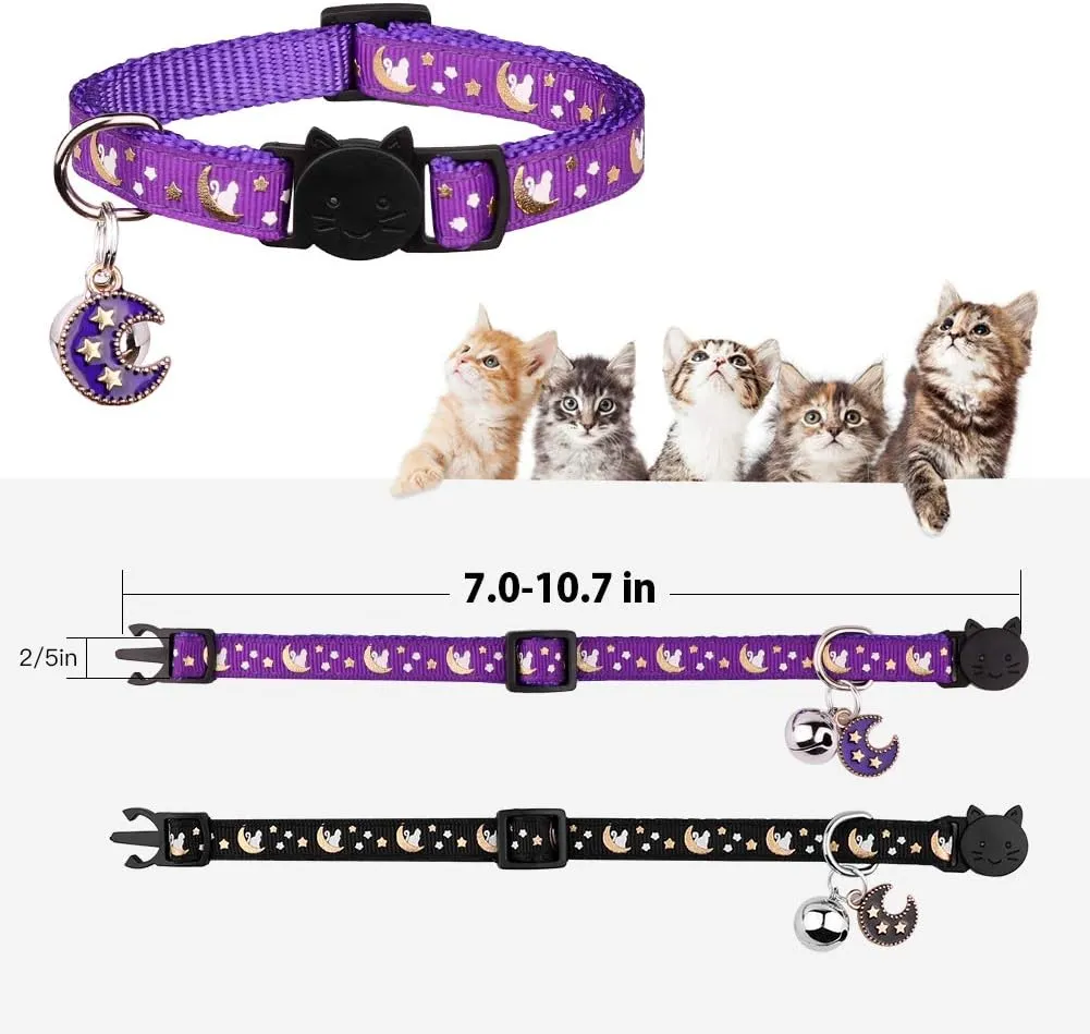 2Pcs Breakaway Cats Collars Cat Collars for Boy & Girl Cats Moons Adjustable Kitten Collars with Bell & Pendant Glow in The Dark,Purple Black