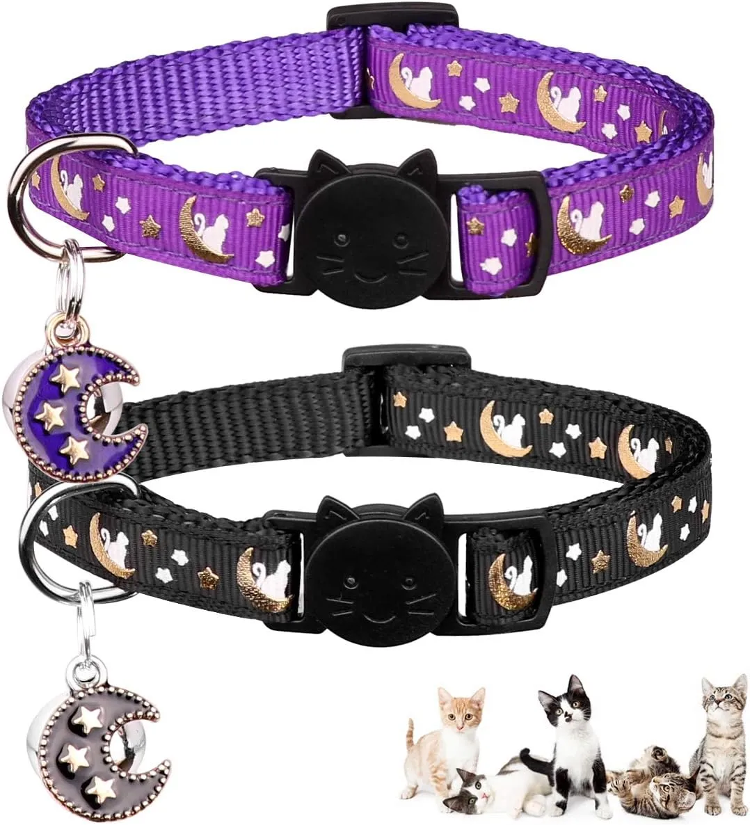 2Pcs Breakaway Cats Collars Cat Collars for Boy & Girl Cats Moons Adjustable Kitten Collars with Bell & Pendant Glow in The Dark,Purple Black