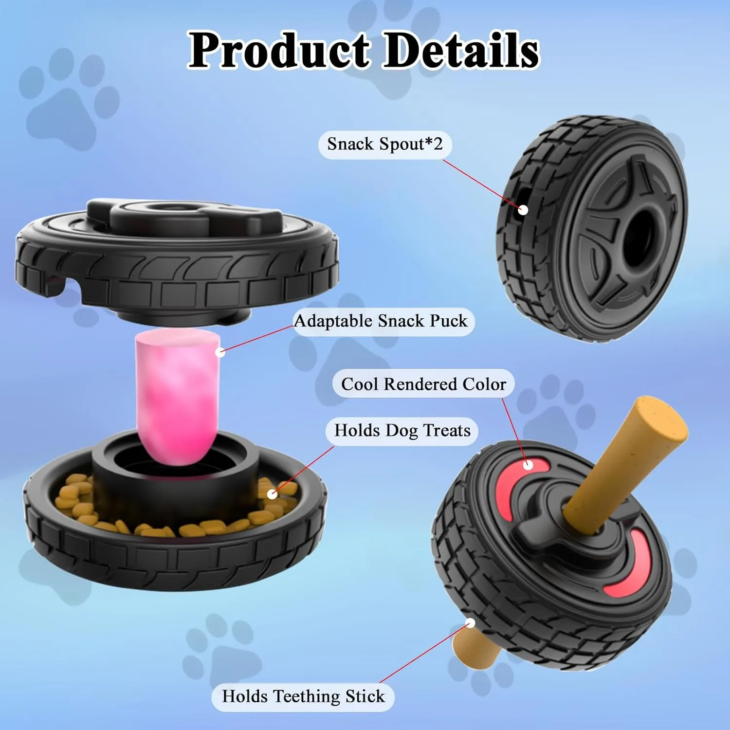 4-in-1 Dog Entertainment Toy, Frozen Treat Toy for Dog, Bully Stick Holder, Treats Distribution Puzzle Tire Toys to Keep Busy, Chew Toys for Aggressive Chewers (Red Highlighting)