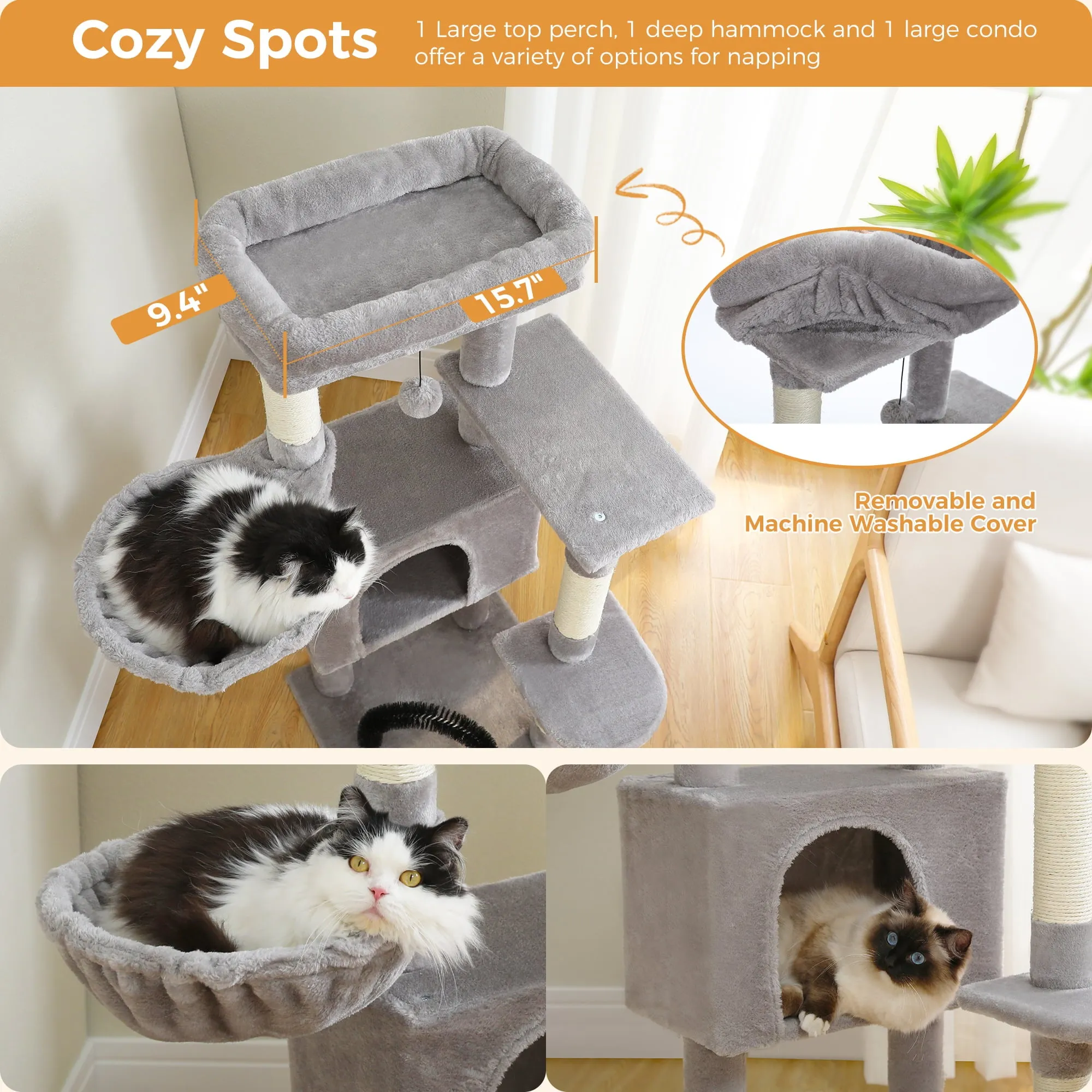 41.7" Medium Cat Tower Condo with Soft Perch Hammock Scratching Posts