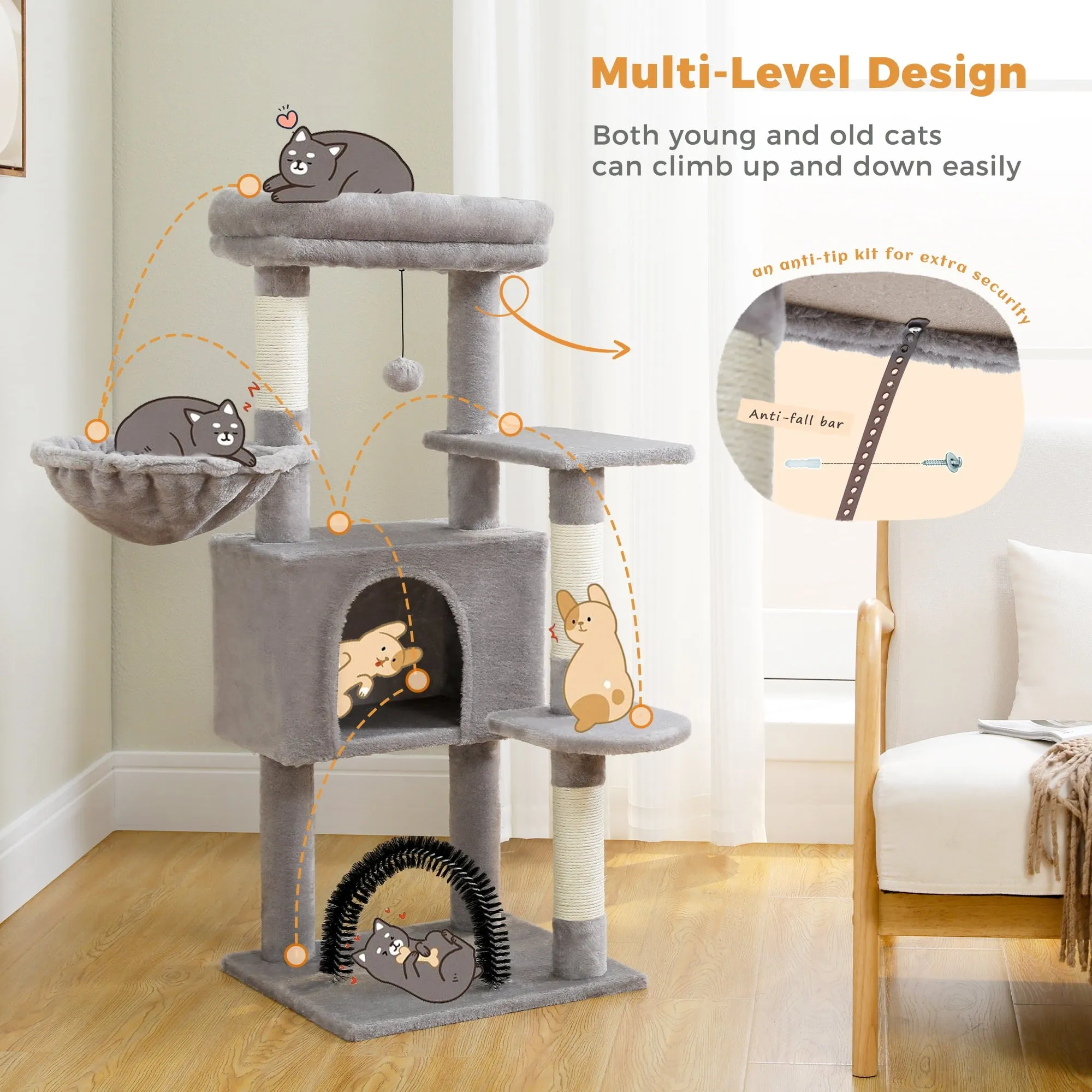 41.7" Medium Cat Tower Condo with Soft Perch Hammock Scratching Posts