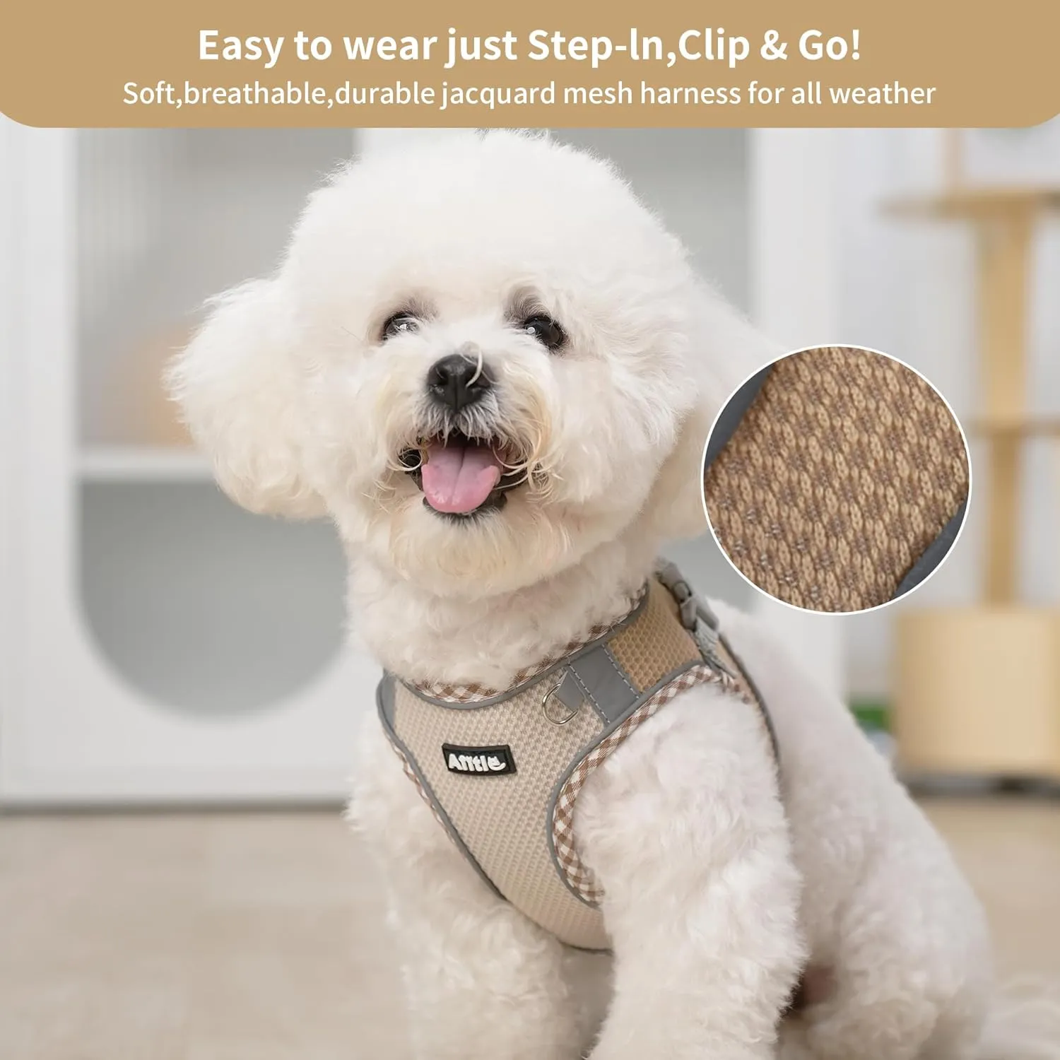 AIITLE Dog Harness and Leash Set - Ultra-Comfortable XXS-XL Vest with Strong Velcro & Glow-in-Dark Reflective Strips, Chafe-Free for Teddy, Schnauzer (Brown-Beige, M)