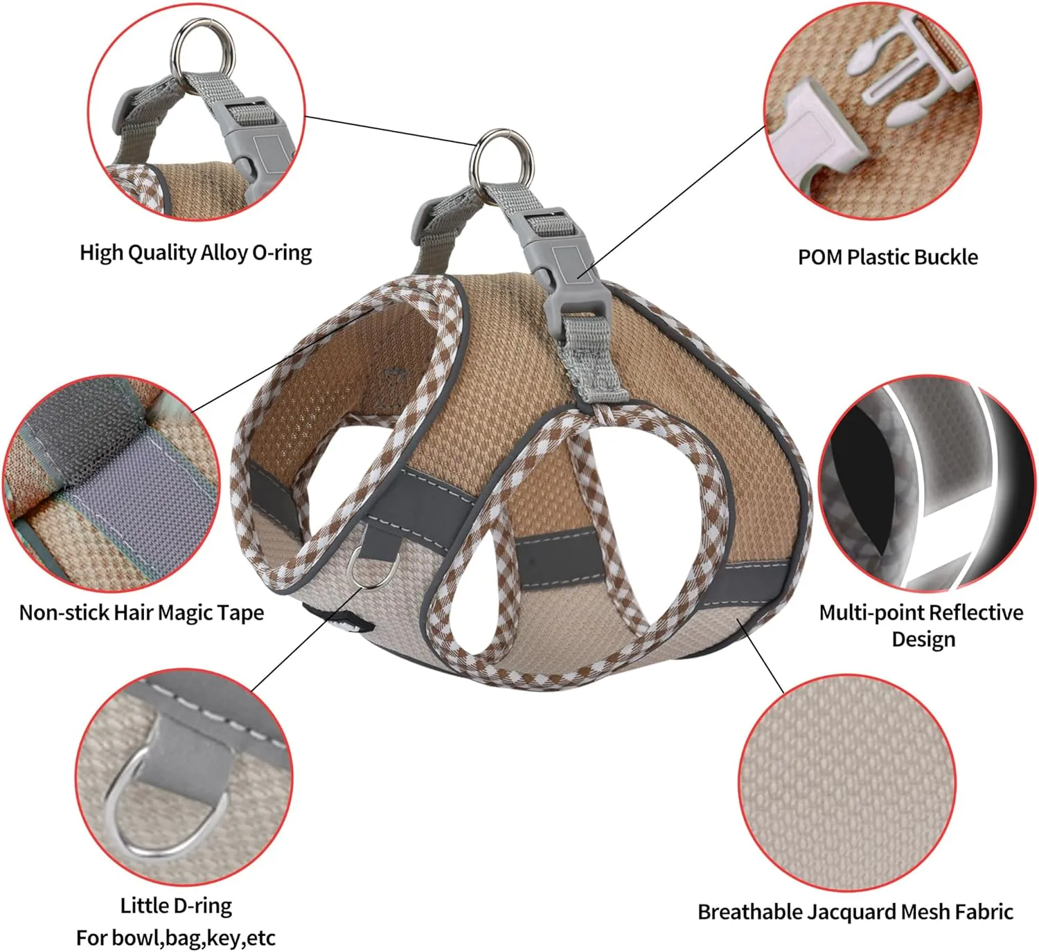 AIITLE Dog Harness and Leash Set - Ultra-Comfortable XXS-XL Vest with Strong Velcro & Glow-in-Dark Reflective Strips, Chafe-Free for Teddy, Schnauzer (Brown-Beige, M)