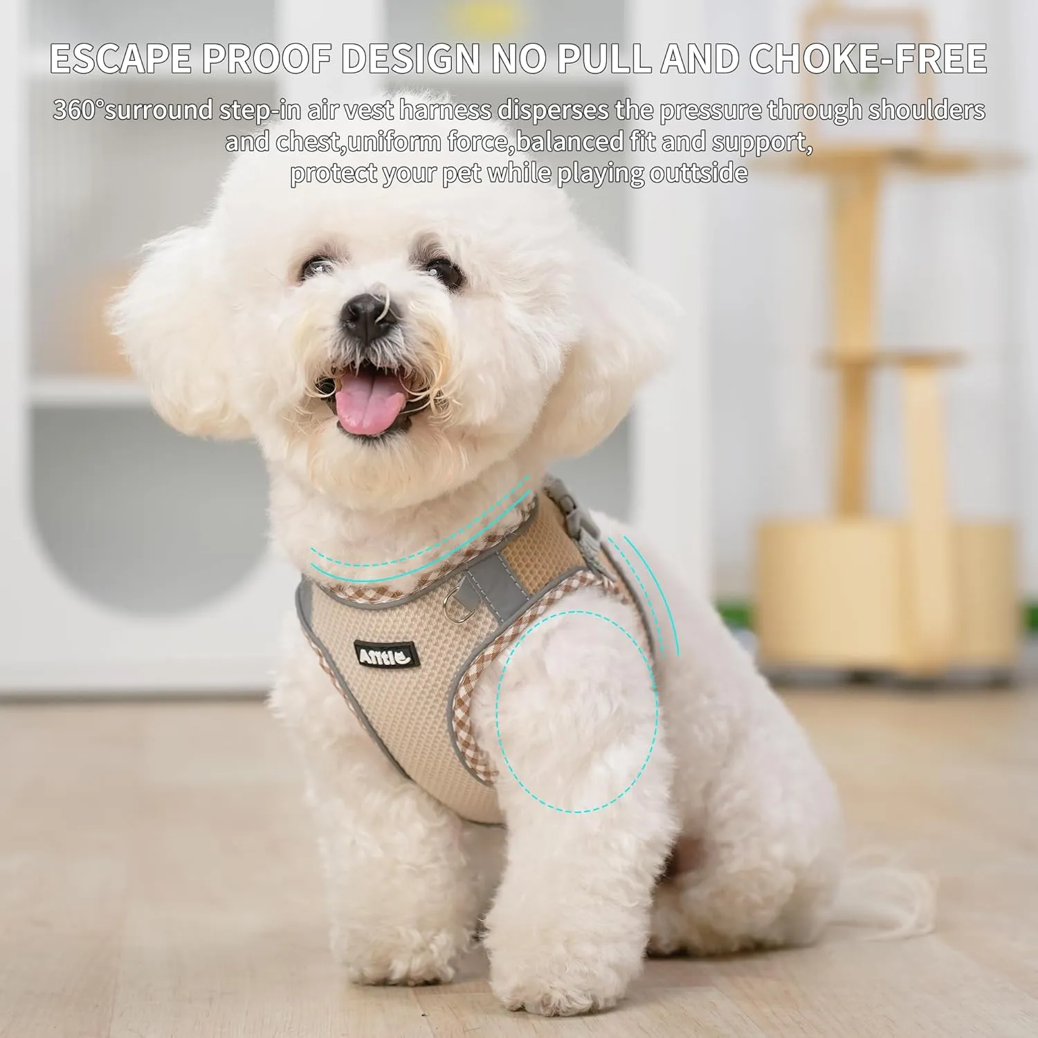 AIITLE Dog Harness and Leash Set - Ultra-Comfortable XXS-XL Vest with Strong Velcro & Glow-in-Dark Reflective Strips, Chafe-Free for Teddy, Schnauzer (Brown-Beige, M)