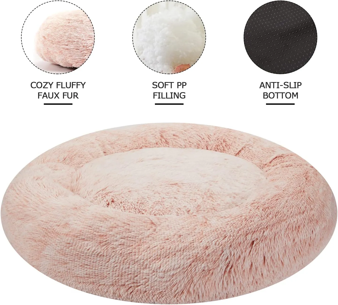 Bedfolks Calming Donut Dog Bed Cat Bed, 23 Inches Round Fluffy Dog Beds for Small Dogs, Machine Washable Anti-Anxiety Plush Puppy BedPink, Small