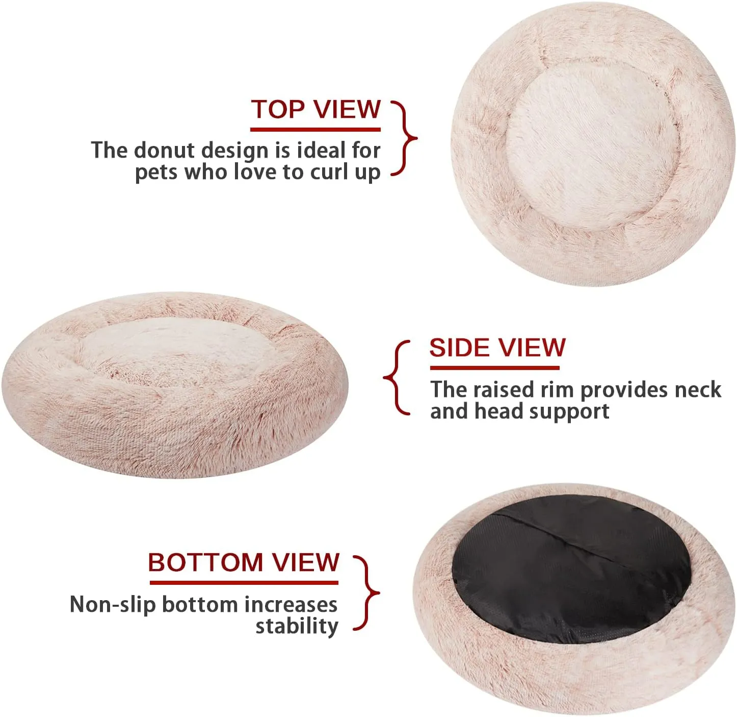 Bedfolks Calming Donut Dog Bed Cat Bed, 23 Inches Round Fluffy Dog Beds for Small Dogs, Machine Washable Anti-Anxiety Plush Puppy BedPink, Small