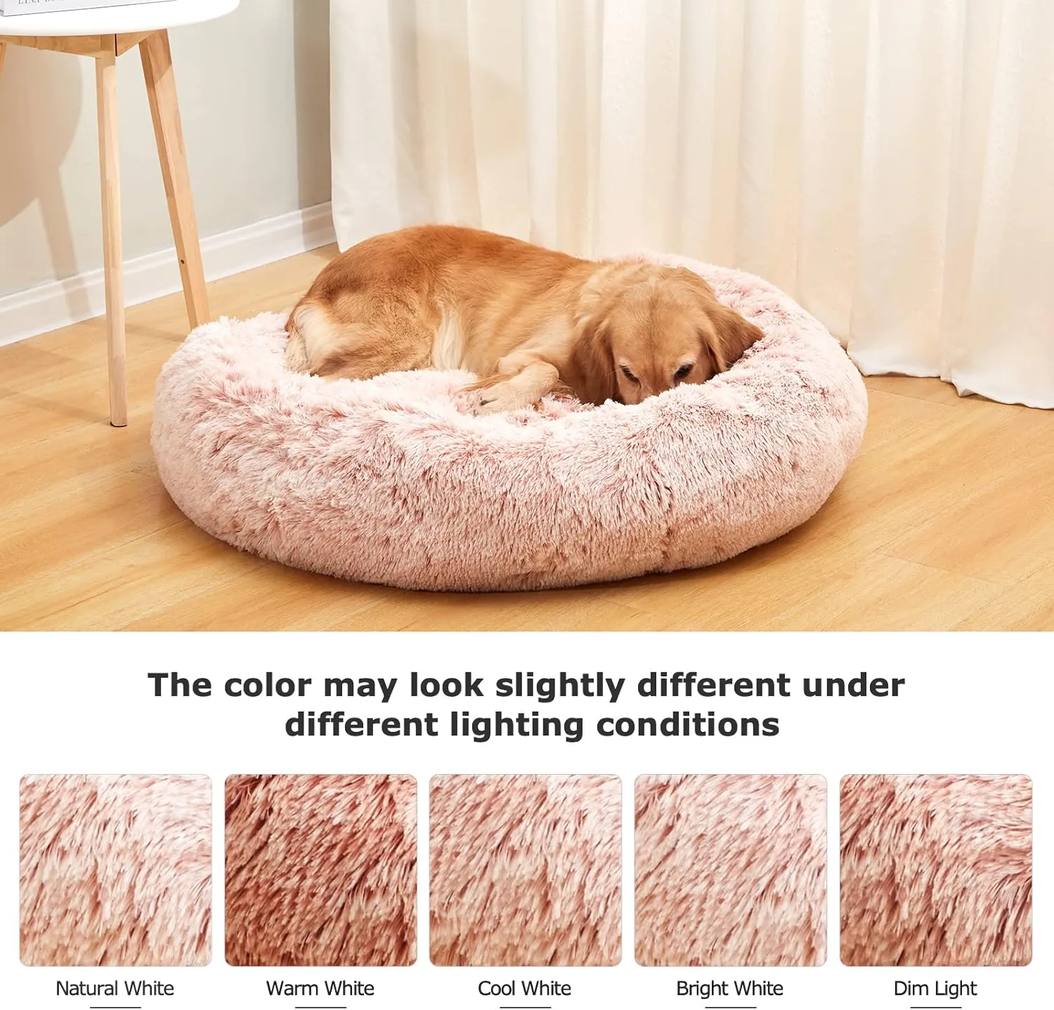 Bedfolks Calming Donut Dog Bed Cat Bed, 23 Inches Round Fluffy Dog Beds for Small Dogs, Machine Washable Anti-Anxiety Plush Puppy BedPink, Small