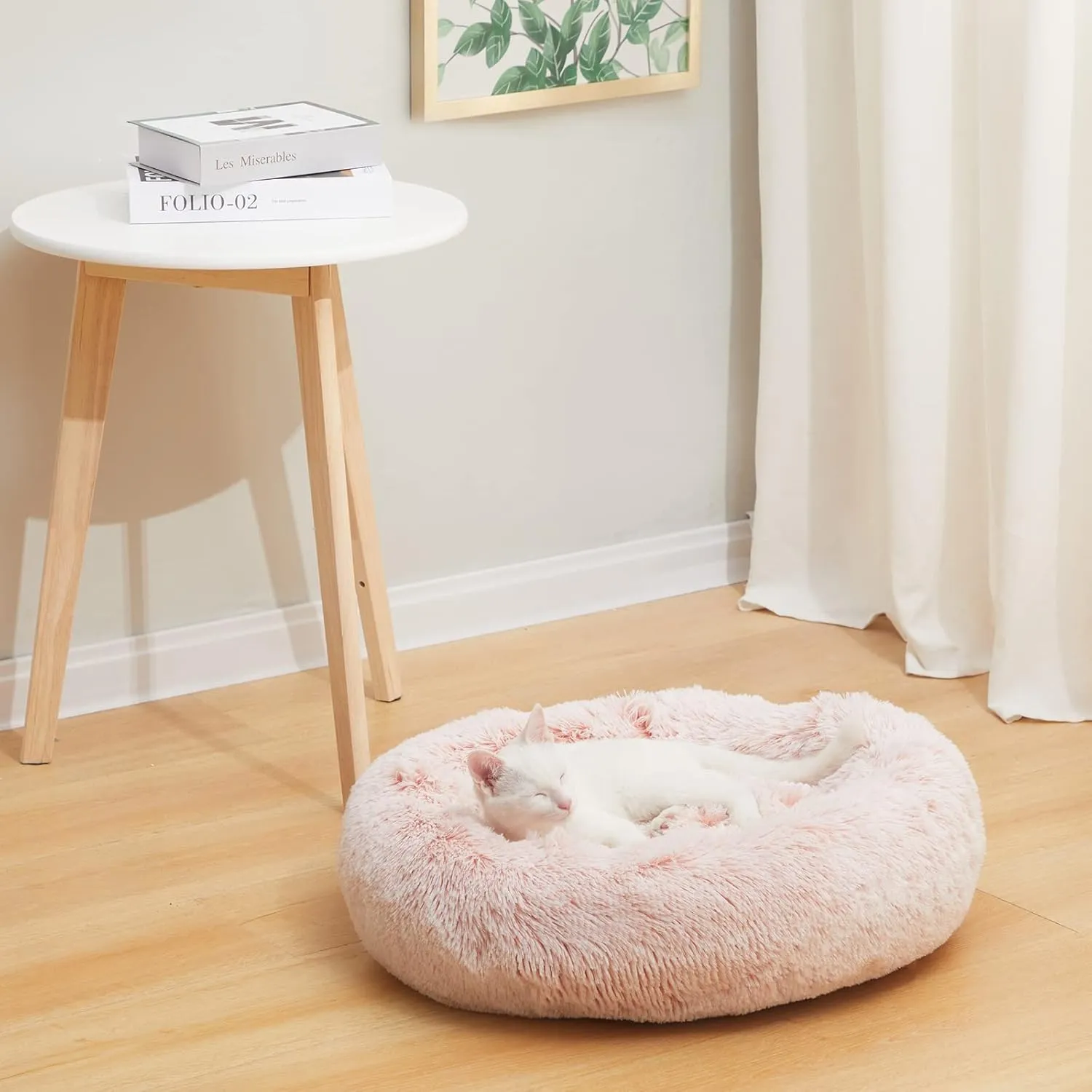 Bedfolks Calming Donut Dog Bed Cat Bed, 23 Inches Round Fluffy Dog Beds for Small Dogs, Machine Washable Anti-Anxiety Plush Puppy BedPink, Small