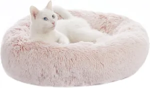 Bedfolks Calming Donut Dog Bed Cat Bed, 23 Inches Round Fluffy Dog Beds for Small Dogs, Machine Washable Anti-Anxiety Plush Puppy BedPink, Small