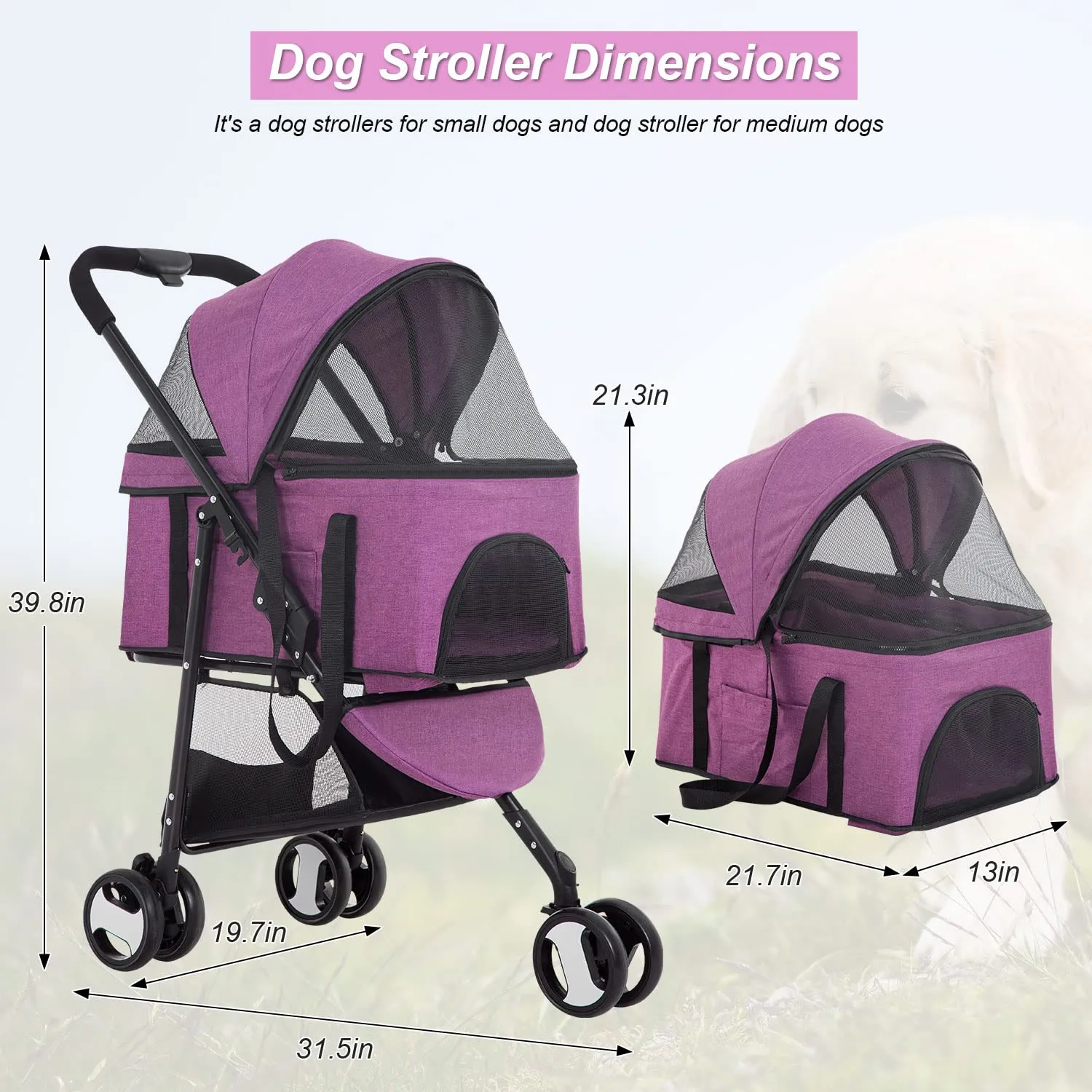 BestPet 3-Wheels Premium 3-in-1 Multifunction Pet Stroller for Medium Small Dogs & Cats - Detachable Carrier, Lightweight Folding Travel Stroller, Purple