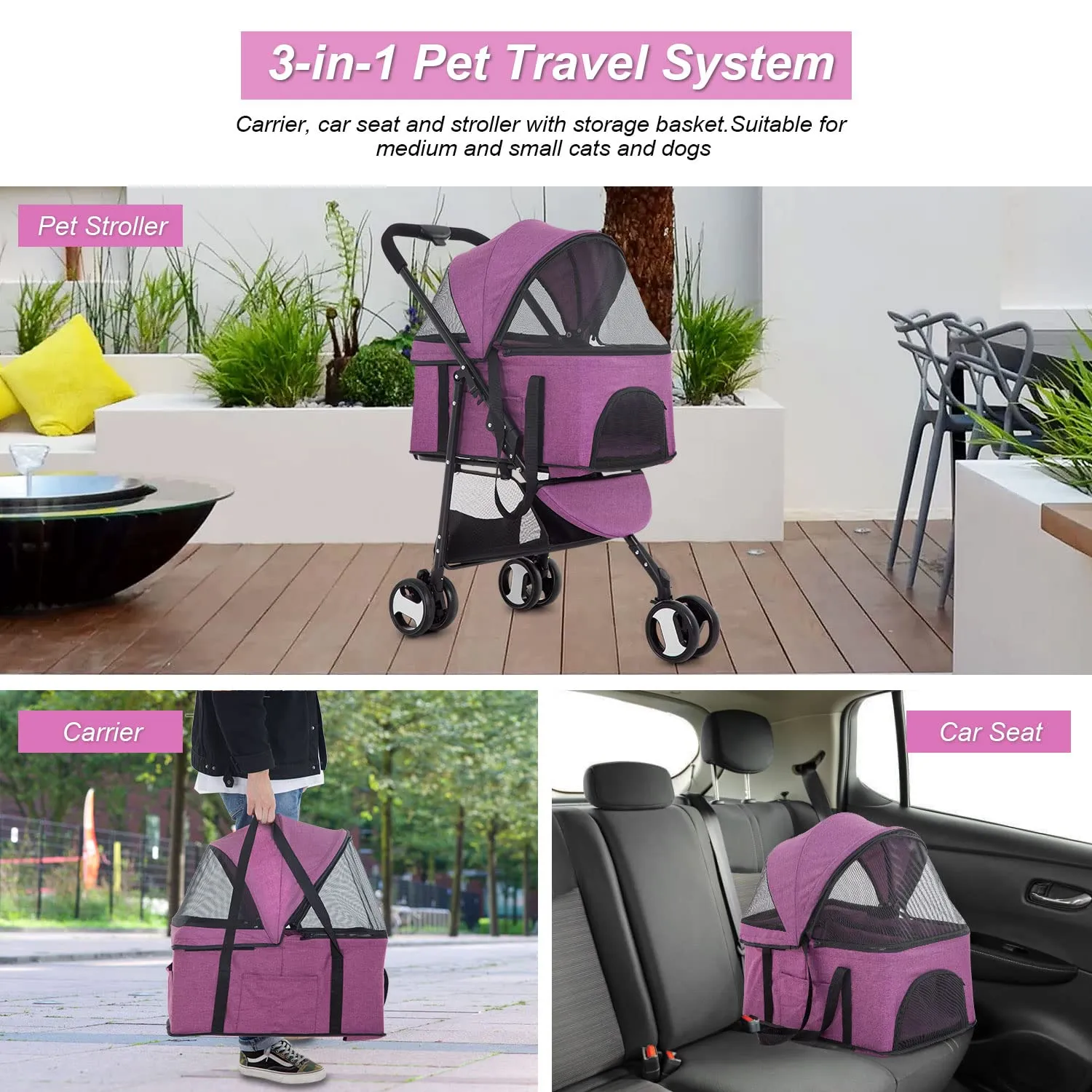BestPet 3-Wheels Premium 3-in-1 Multifunction Pet Stroller for Medium Small Dogs & Cats - Detachable Carrier, Lightweight Folding Travel Stroller, Purple