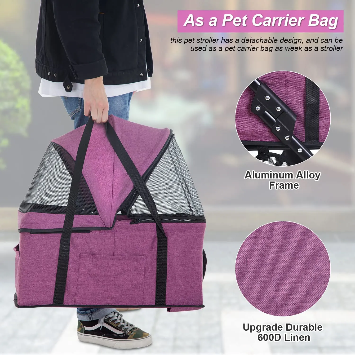 BestPet 3-Wheels Premium 3-in-1 Multifunction Pet Stroller for Medium Small Dogs & Cats - Detachable Carrier, Lightweight Folding Travel Stroller, Purple