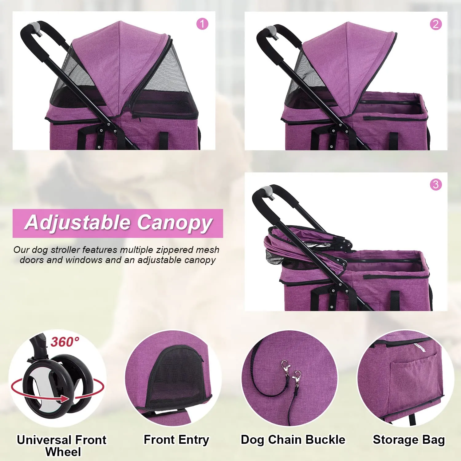 BestPet 3-Wheels Premium 3-in-1 Multifunction Pet Stroller for Medium Small Dogs & Cats - Detachable Carrier, Lightweight Folding Travel Stroller, Purple
