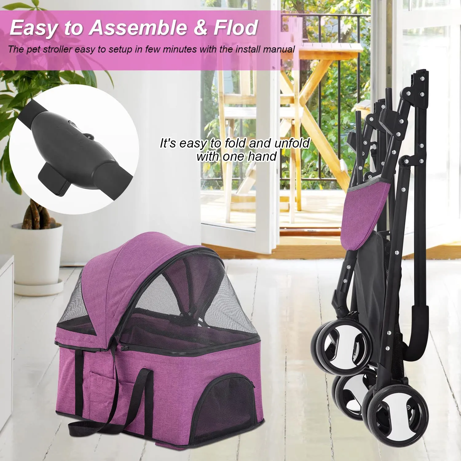 BestPet 3-Wheels Premium 3-in-1 Multifunction Pet Stroller for Medium Small Dogs & Cats - Detachable Carrier, Lightweight Folding Travel Stroller, Purple