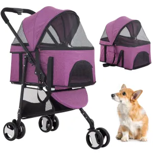 BestPet 3-Wheels Premium 3-in-1 Multifunction Pet Stroller for Medium Small Dogs & Cats - Detachable Carrier, Lightweight Folding Travel Stroller, Purple