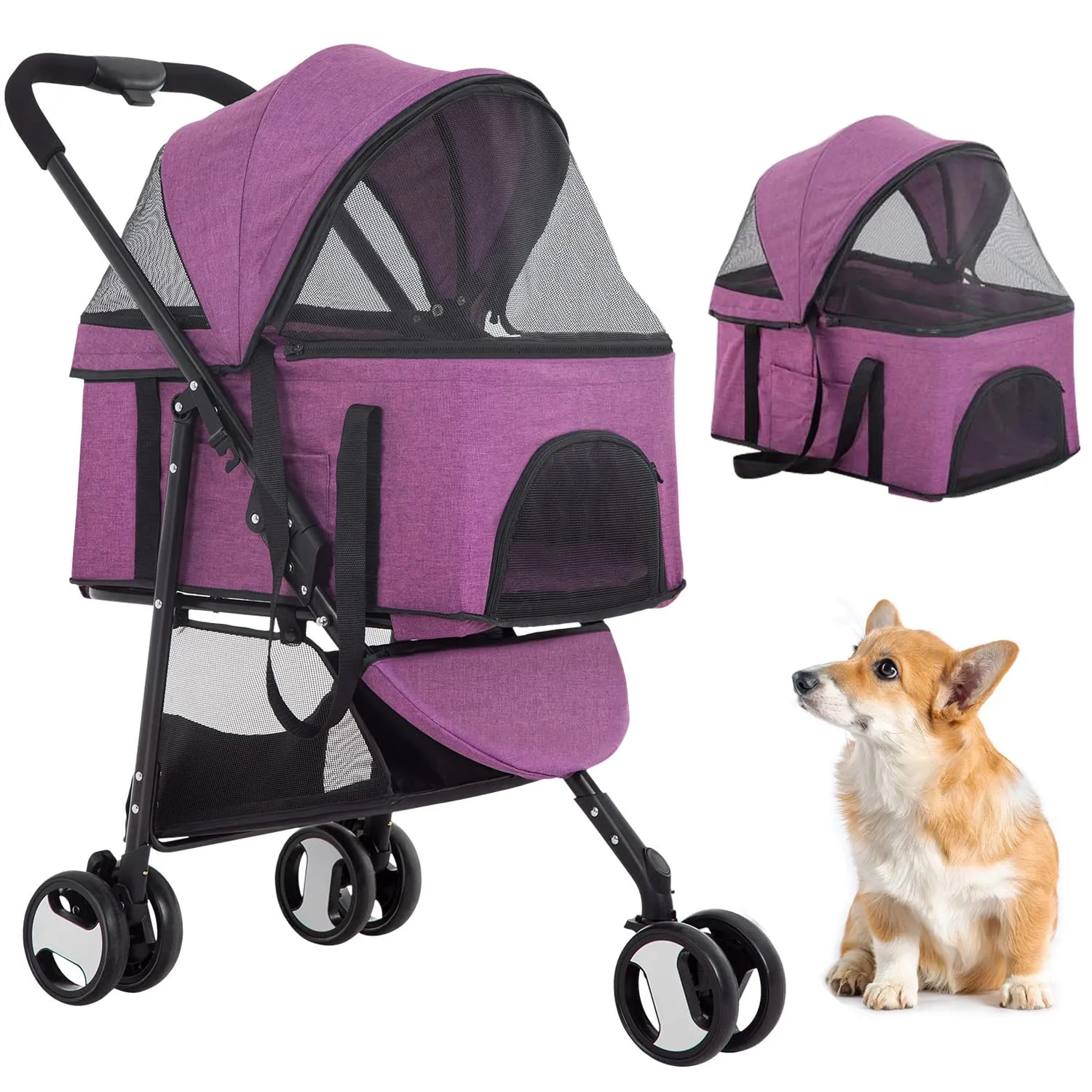 BestPet 3-Wheels Premium 3-in-1 Multifunction Pet Stroller for Medium Small Dogs & Cats - Detachable Carrier, Lightweight Folding Travel Stroller, Purple