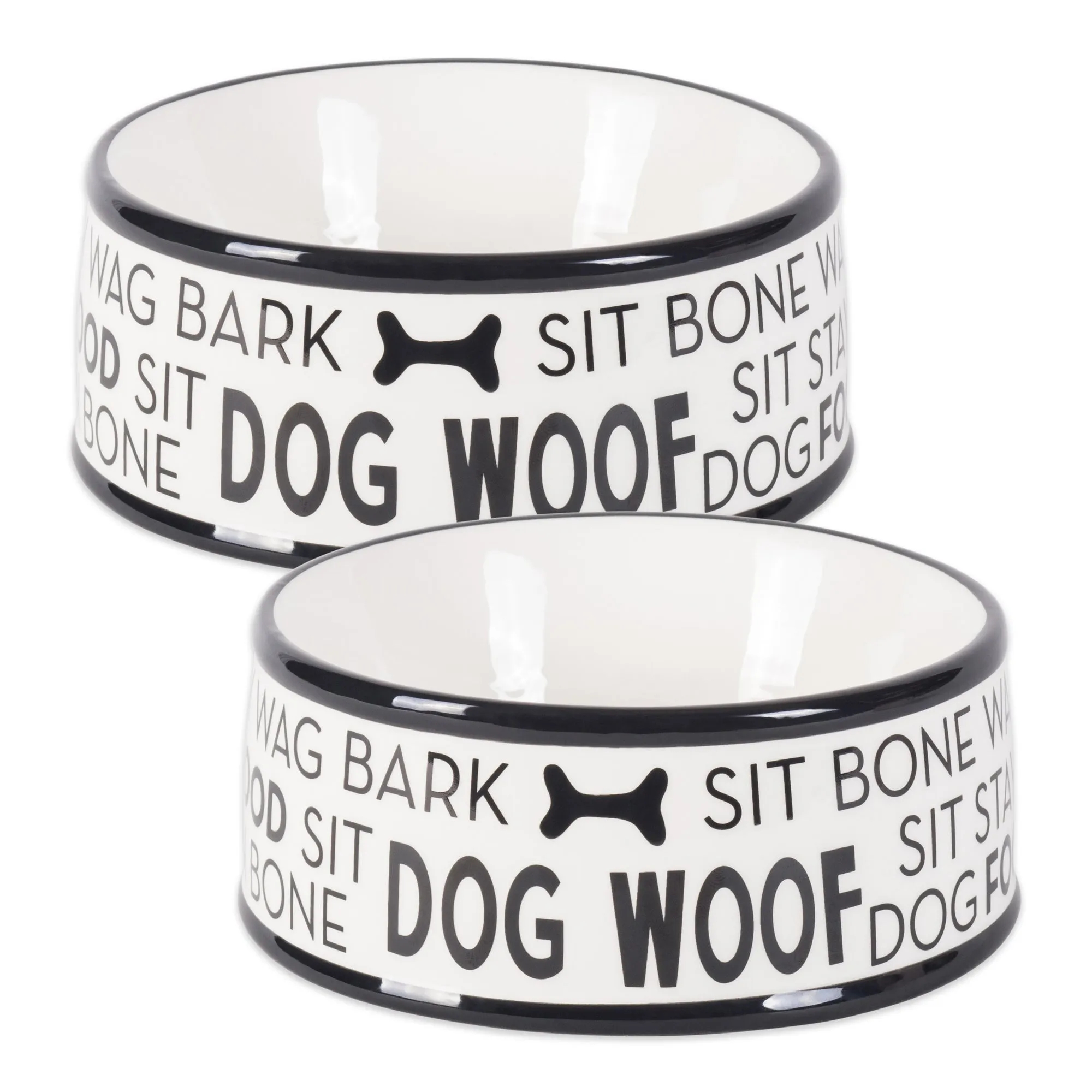 Black Dog Text Ceramic Medium Pet Bowl Set of 2