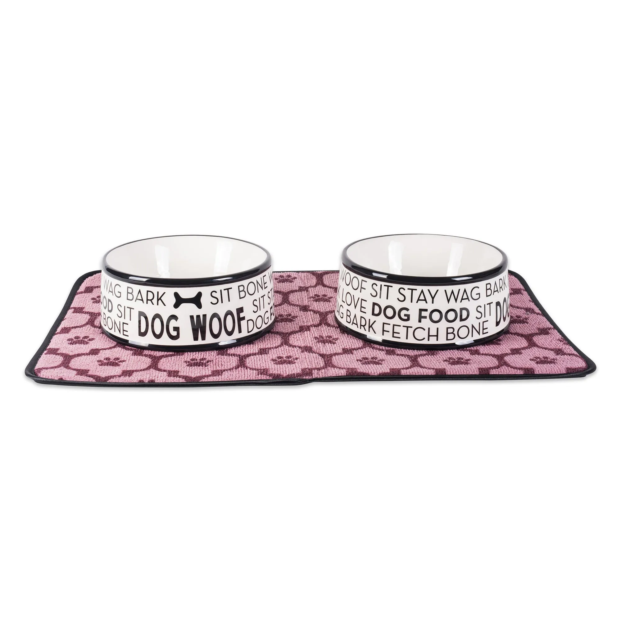 Black Dog Text Ceramic Medium Pet Bowl Set of 2
