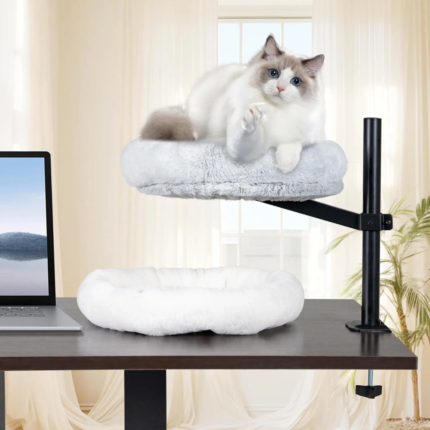 Cat Desk Bed Cat Hammock for Desk Pet Nest Bed for Indoor Cats Comfortable Soft Elevated for Kitten with Pet Ball Shelf for Indoor Cats 360 Rotation Adjustable Height