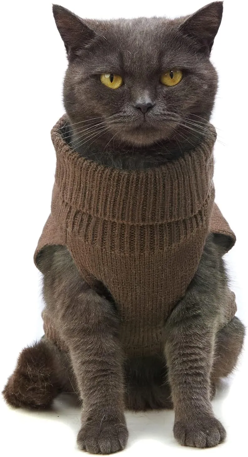 Cat Sweater Keep Your Pets Cozy, 16 Color Turtleneck Knitted Sleeveless Cat Clothes, Winter Outfits for Cats & Small Dogs During Cold Seasons (Brown, Large)