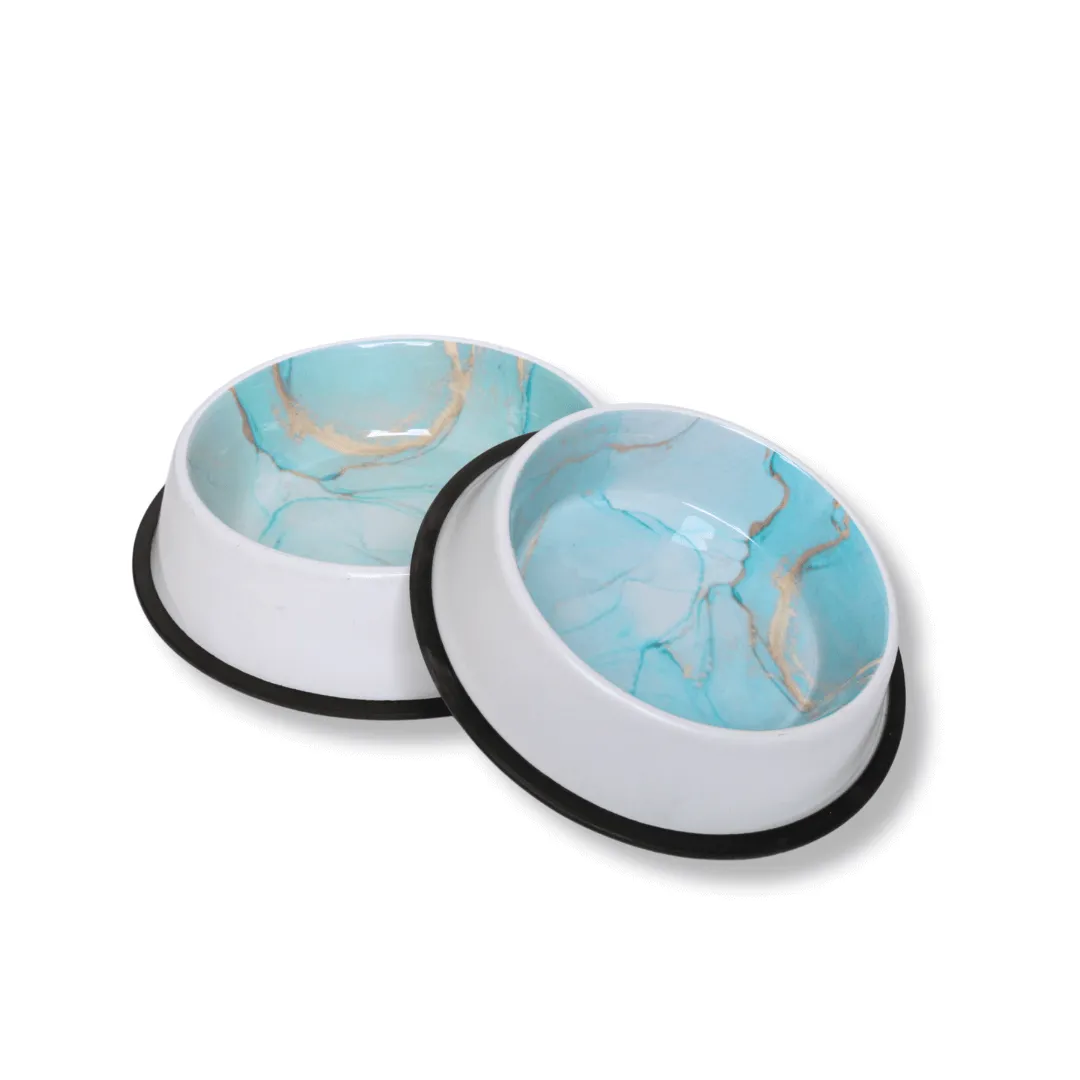 Contemporary Italian Teal & White Stainless Steel Pet Bowl, Anti Skid