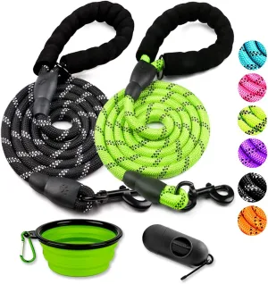 COOYOO 2 Pack Dog Leash 6 FT Heavy Duty - Comfortable Padded Handle - Reflective Dog Leash for Medium Large Dogs with Collapsible Pet Bowl Set 6-Black Green