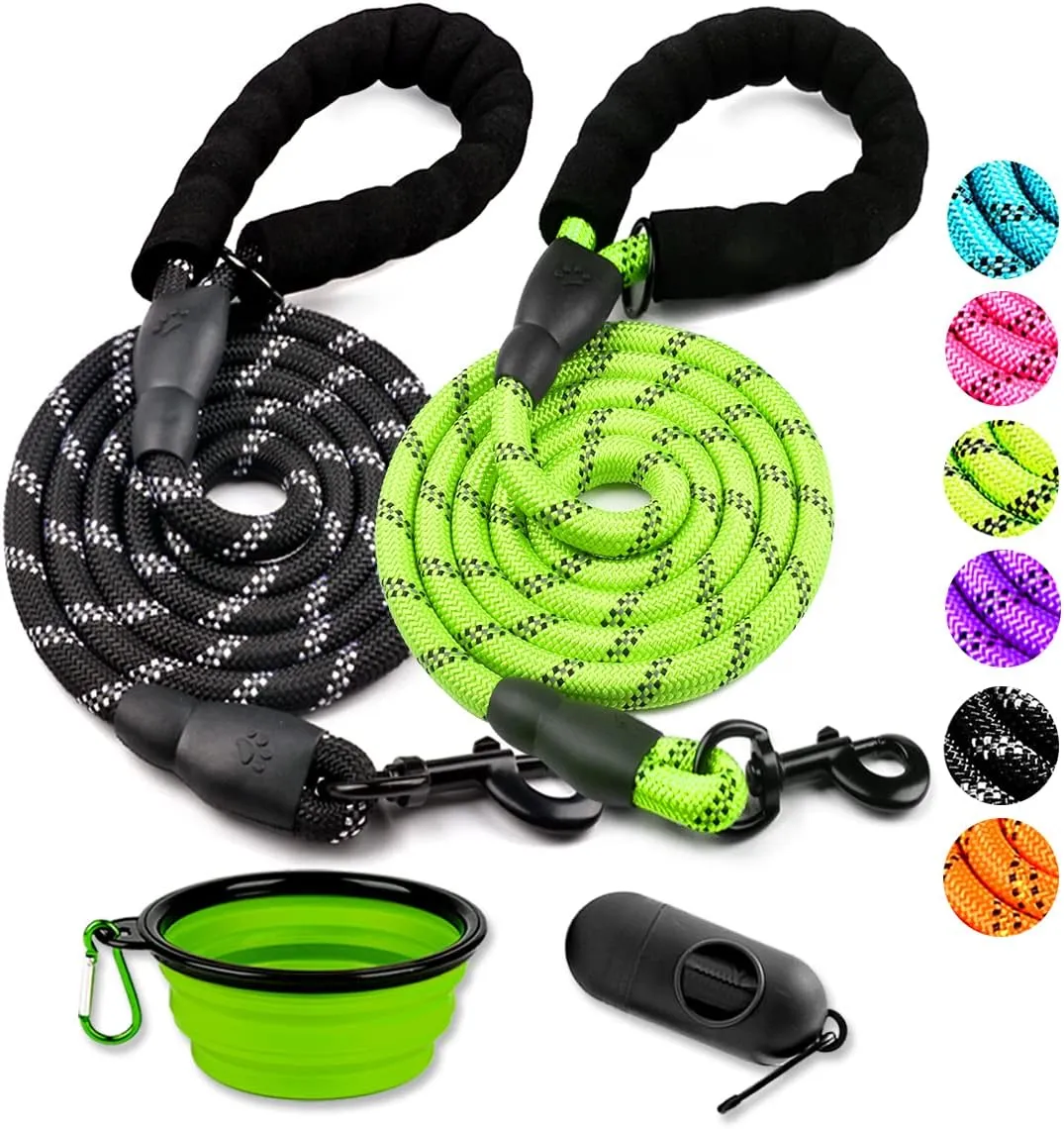 COOYOO 2 Pack Dog Leash 6 FT Heavy Duty - Comfortable Padded Handle - Reflective Dog Leash for Medium Large Dogs with Collapsible Pet Bowl Set 6-Black Green