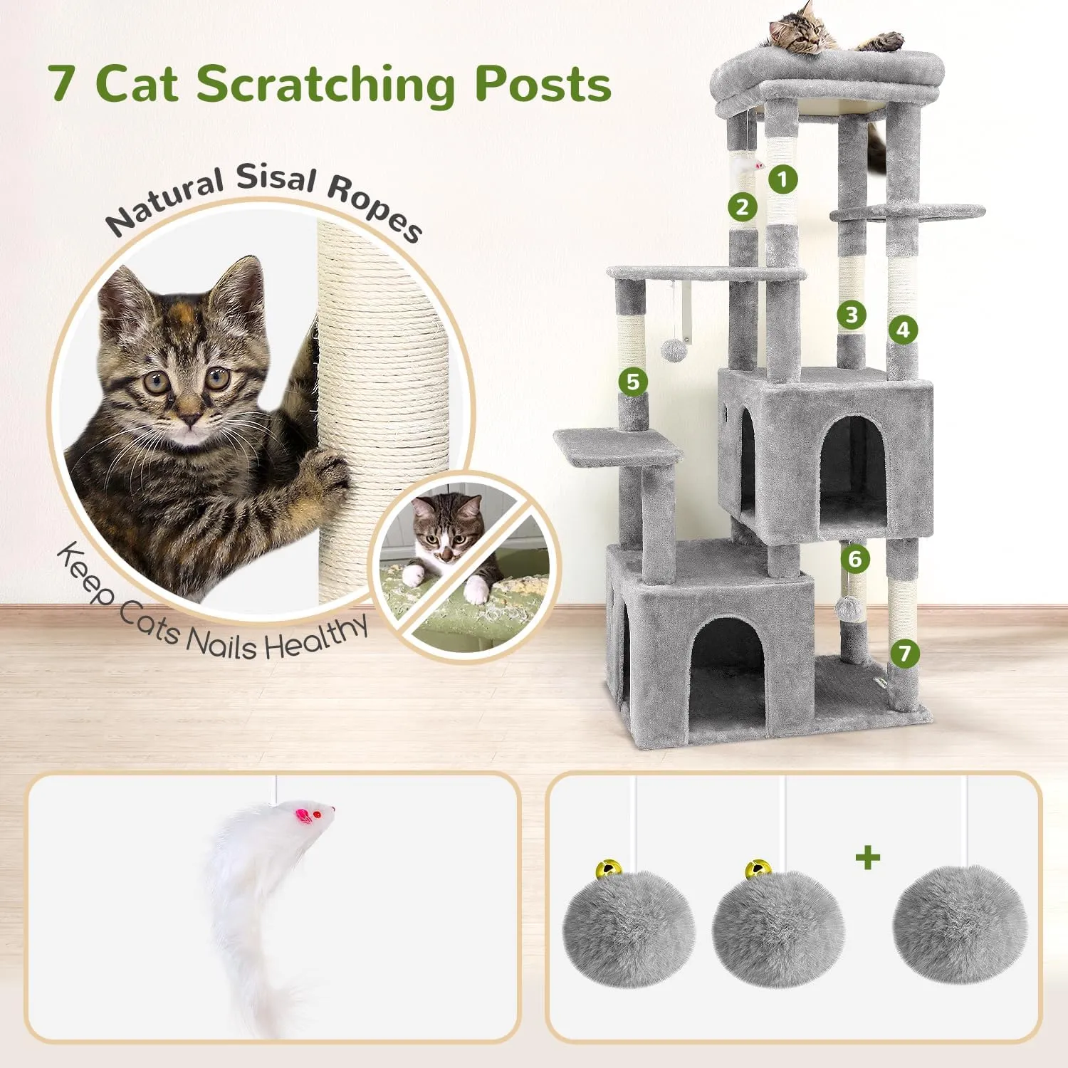 F61 Cat Tower for Indoor Cats, Heavy Duty Cat Trees for Large Cats Adult Big Cats Maine Coon Cat Tree Tower with Scratching Post, Extra Large Top Perch, Cat Condos, Light Grey, 61inch