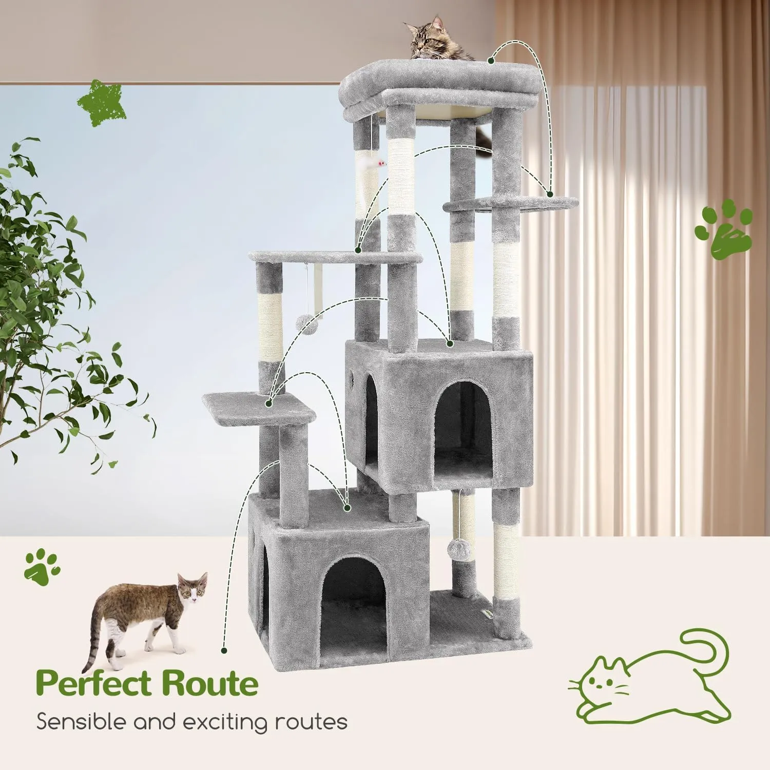 F61 Cat Tower for Indoor Cats, Heavy Duty Cat Trees for Large Cats Adult Big Cats Maine Coon Cat Tree Tower with Scratching Post, Extra Large Top Perch, Cat Condos, Light Grey, 61inch