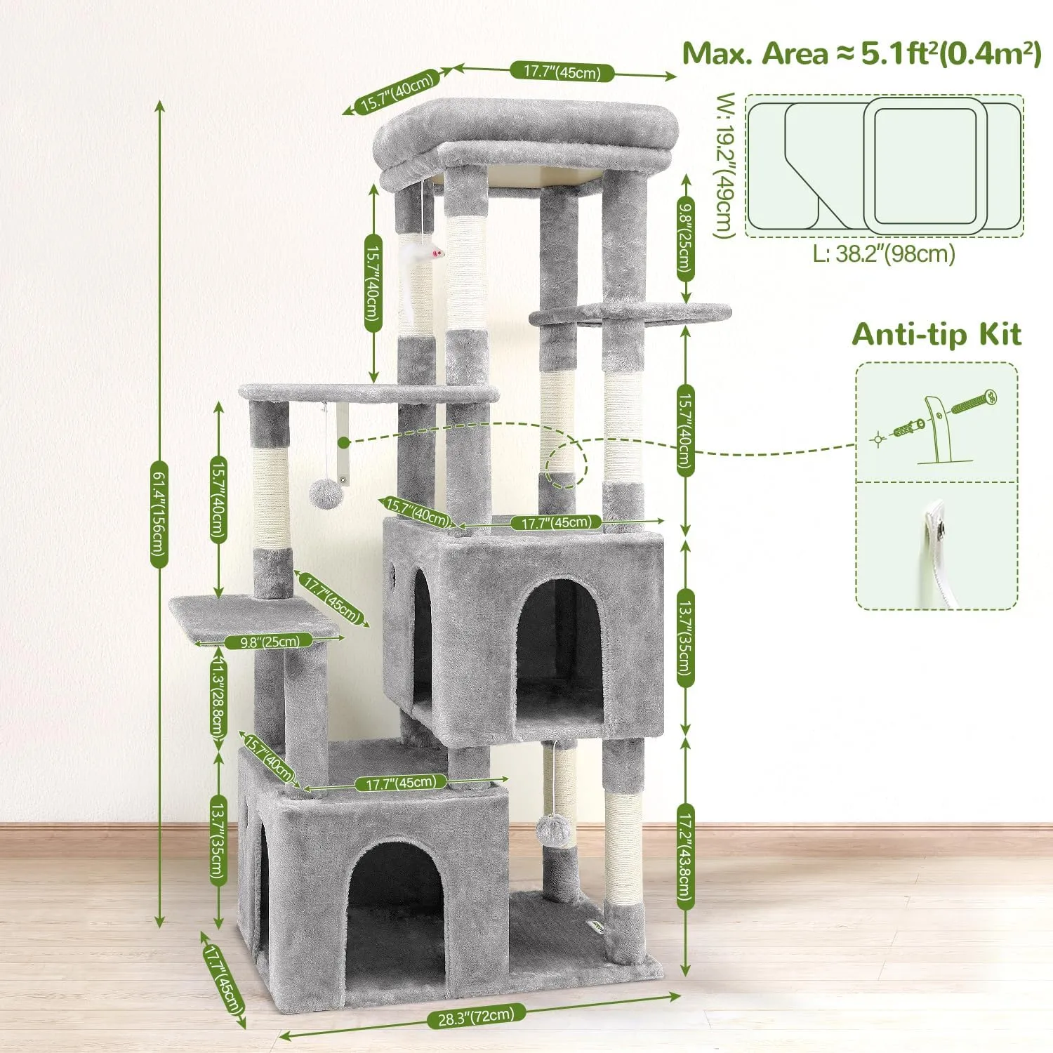 F61 Cat Tower for Indoor Cats, Heavy Duty Cat Trees for Large Cats Adult Big Cats Maine Coon Cat Tree Tower with Scratching Post, Extra Large Top Perch, Cat Condos, Light Grey, 61inch
