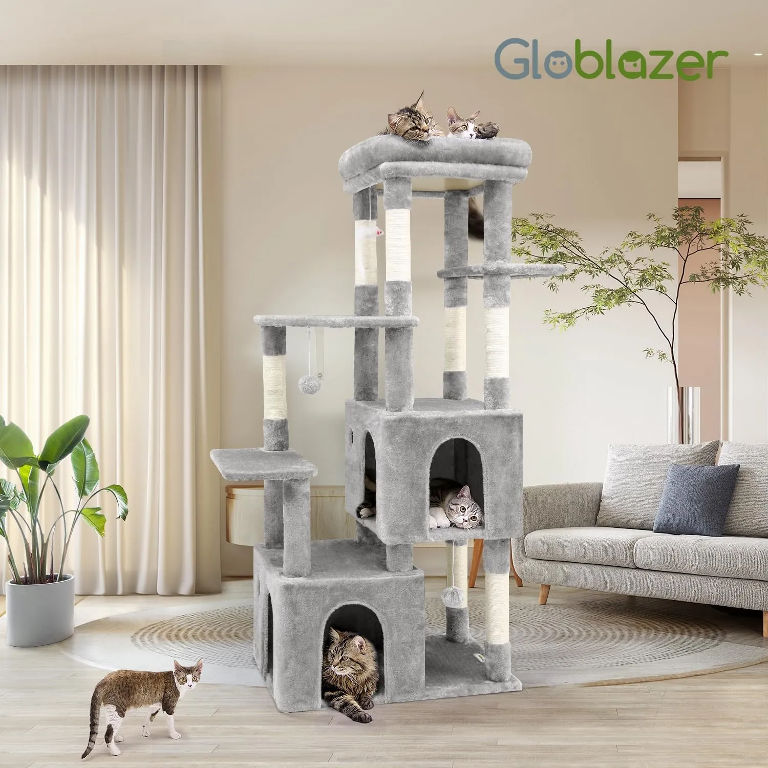 F61 Cat Tower for Indoor Cats, Heavy Duty Cat Trees for Large Cats Adult Big Cats Maine Coon Cat Tree Tower with Scratching Post, Extra Large Top Perch, Cat Condos, Light Grey, 61inch