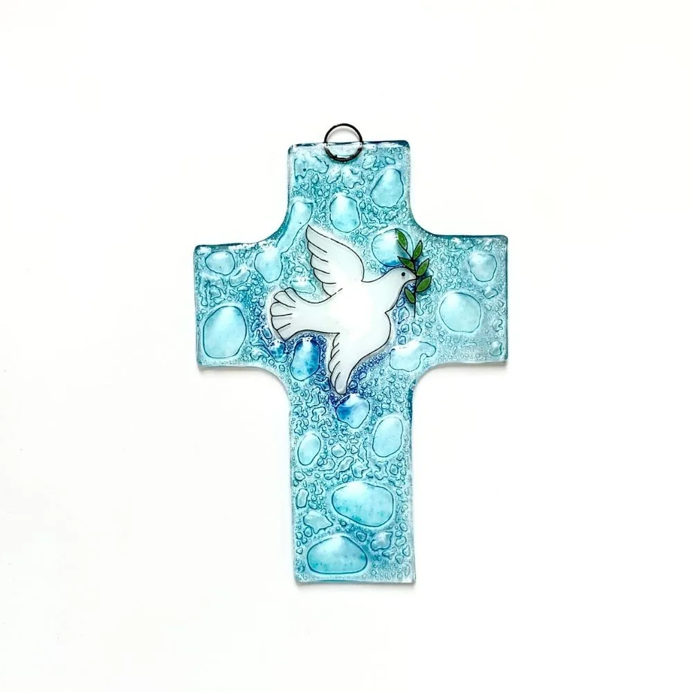 Fused Glass Cross - Dove with Olive Branch