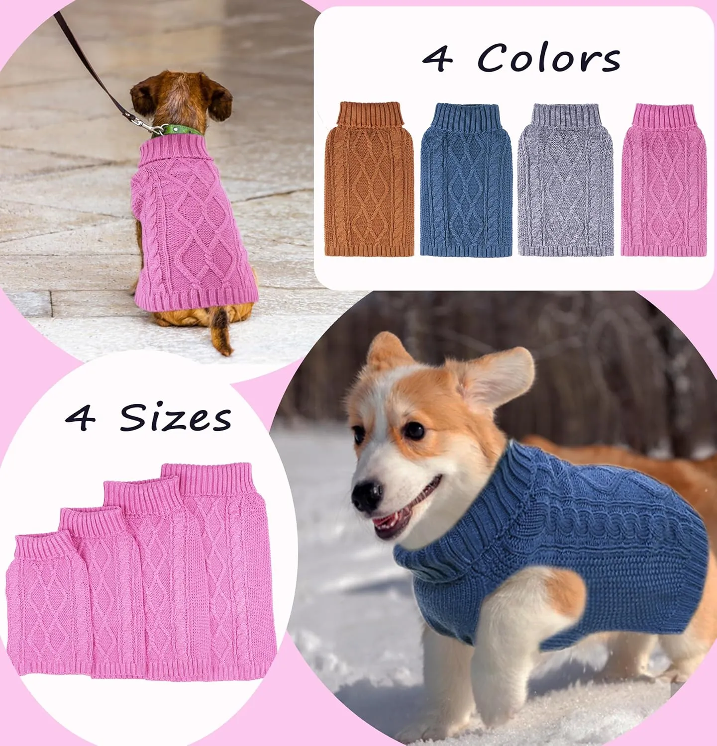 Grey Small Dog & Cat Turtleneck Knitted Sweater - Thick Warm Pullover for Fall & Winter, Girl & Boy Dog Clothing