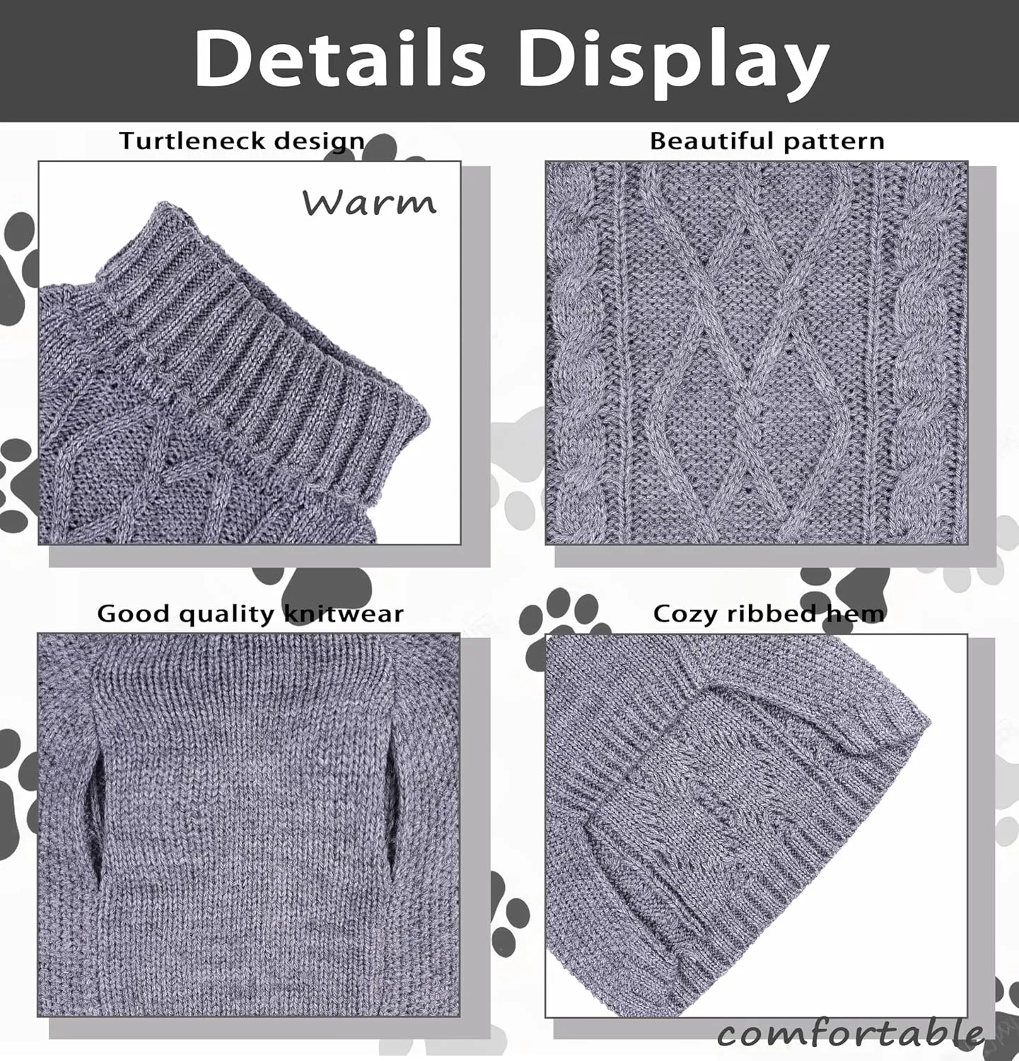 Grey Small Dog & Cat Turtleneck Knitted Sweater - Thick Warm Pullover for Fall & Winter, Girl & Boy Dog Clothing