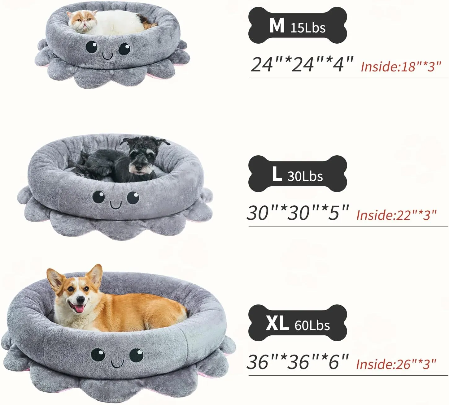 Jiupety Cute Calming Dog Beds Clearance for Medium Small Dogs, Anxiety Bolster Dog Bed with Octopus Shape, Grey, M, Boho, Round Pet Bed Cat with Removable Cushion