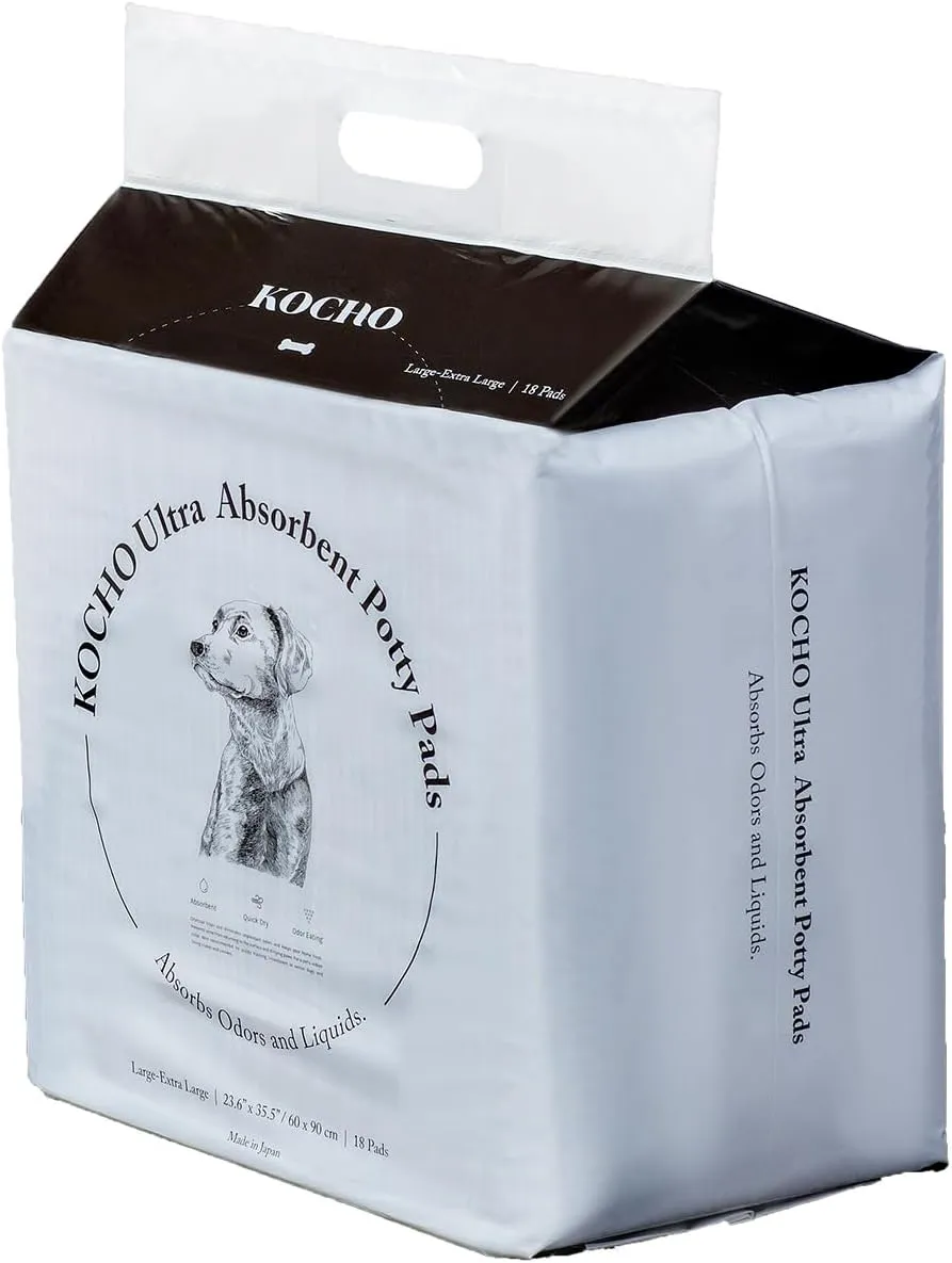 KOCHO Ultra Absorbent Charcoal Pads 6-Layered, Large 23.6"  35.5" Odor-Eating Pet Training and Puppy Quick-Dry Pee Pads Pack of 18 Pads, Made in Japan