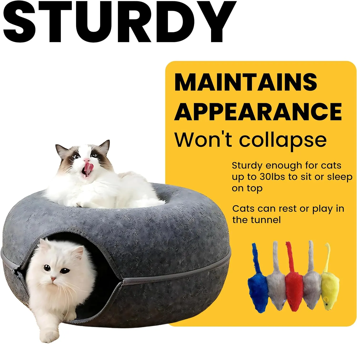 Laluz 2021 Large Cat Tunnel Bed for Indoor Cats Up to 30 Lbs Peekaboo Donut Cave with Catnip and Plush Toys Scratch Resistant Felt Design Detachable and Washable Cat Tunnel (Dark Grey, L)