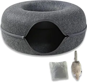 Laluz 2021 Large Cat Tunnel Bed for Indoor Cats Up to 30 Lbs Peekaboo Donut Cave with Catnip and Plush Toys Scratch Resistant Felt Design Detachable and Washable Cat Tunnel (Dark Grey, L)