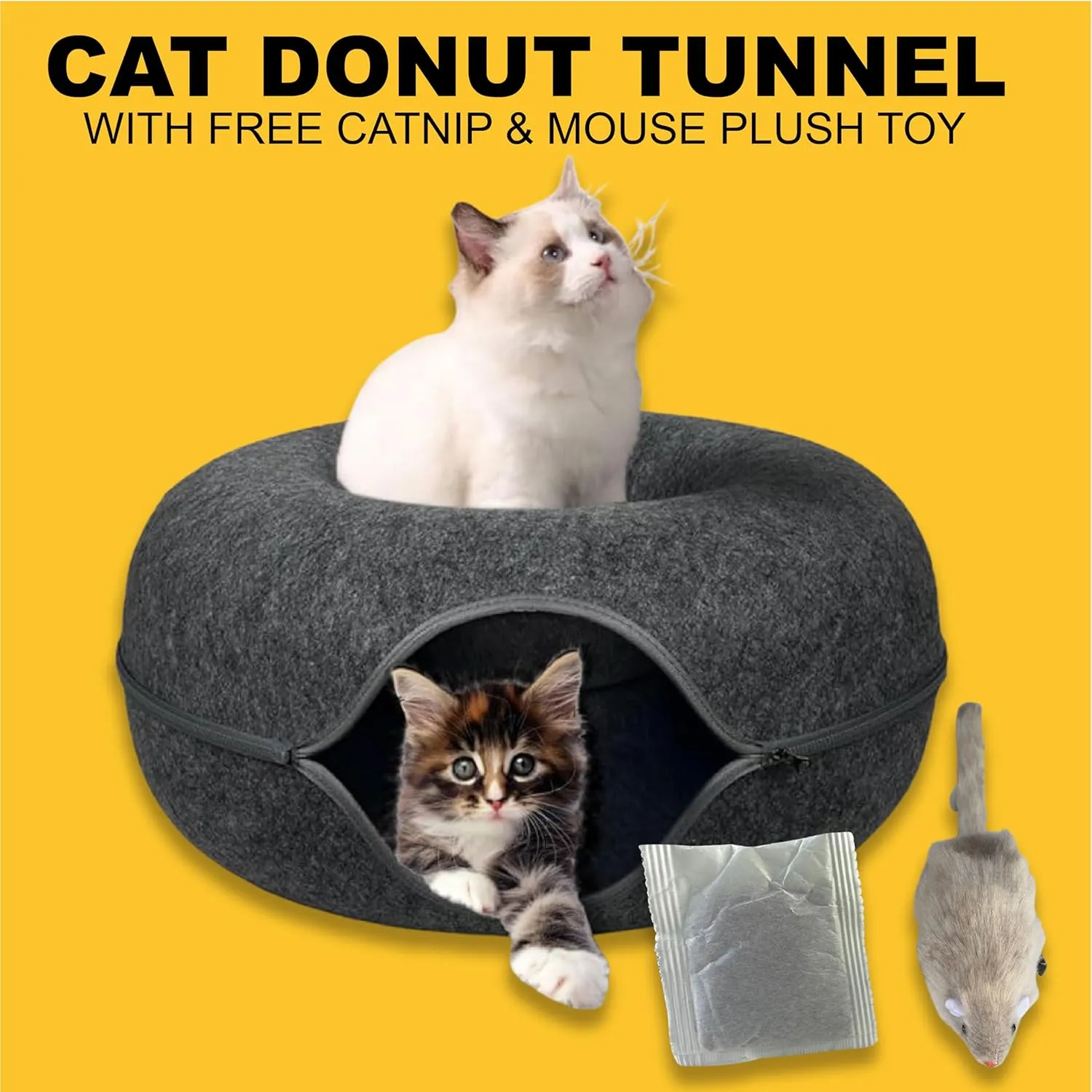 Laluz 2021 Large Cat Tunnel Bed for Indoor Cats Up to 30 Lbs Peekaboo Donut Cave with Catnip and Plush Toys Scratch Resistant Felt Design Detachable and Washable Cat Tunnel (Dark Grey, L)