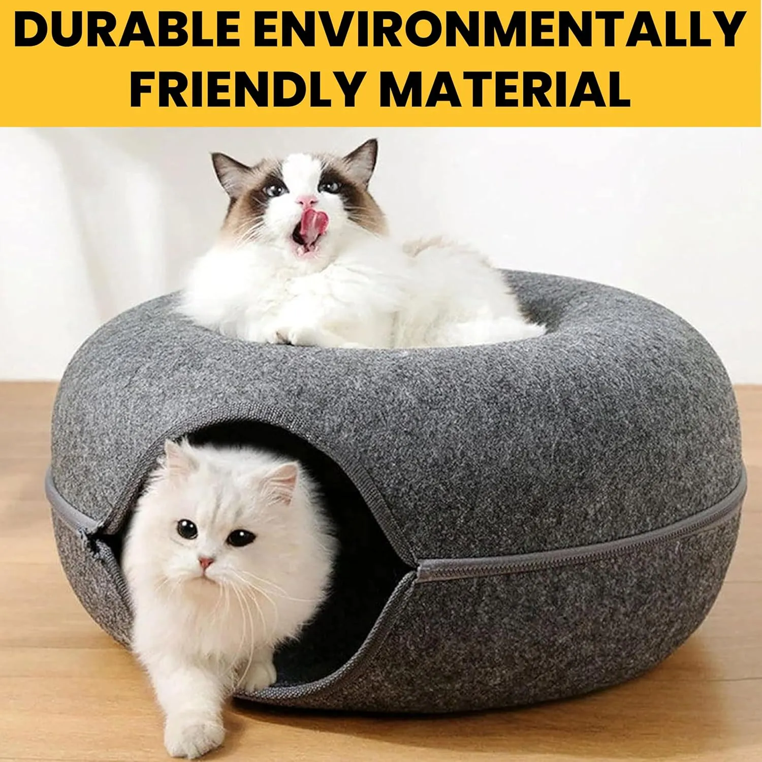 Laluz 2021 Large Cat Tunnel Bed for Indoor Cats Up to 30 Lbs Peekaboo Donut Cave with Catnip and Plush Toys Scratch Resistant Felt Design Detachable and Washable Cat Tunnel (Dark Grey, L)