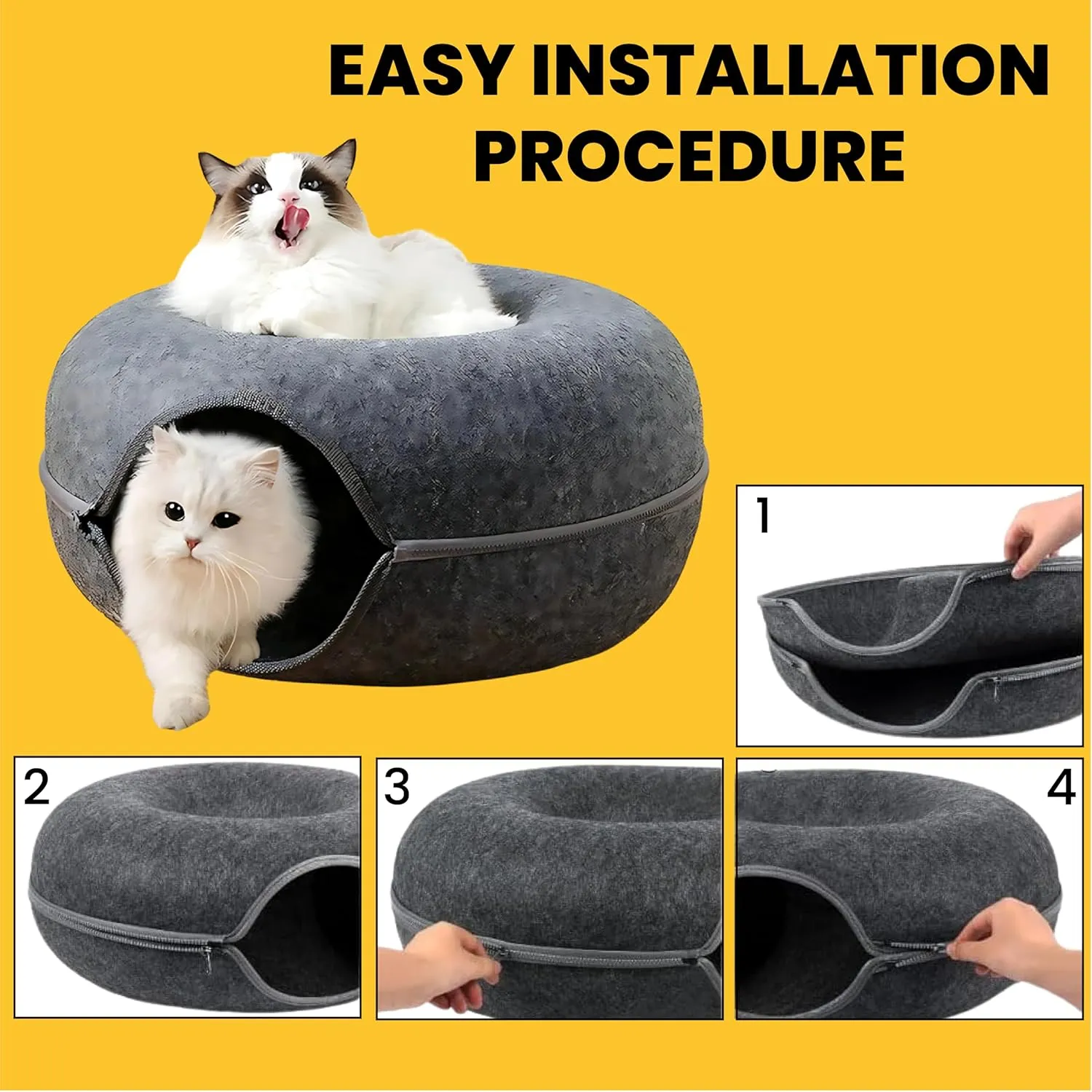 Laluz 2021 Large Cat Tunnel Bed for Indoor Cats Up to 30 Lbs Peekaboo Donut Cave with Catnip and Plush Toys Scratch Resistant Felt Design Detachable and Washable Cat Tunnel (Dark Grey, L)