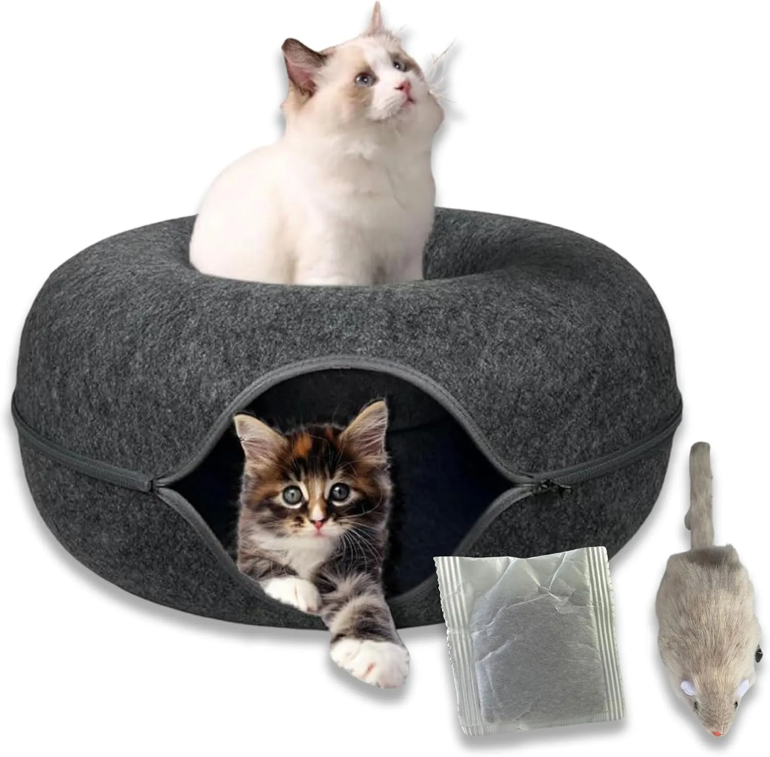 Laluz 2021 Large Cat Tunnel Bed for Indoor Cats Up to 30 Lbs Peekaboo Donut Cave with Catnip and Plush Toys Scratch Resistant Felt Design Detachable and Washable Cat Tunnel (Dark Grey, L)