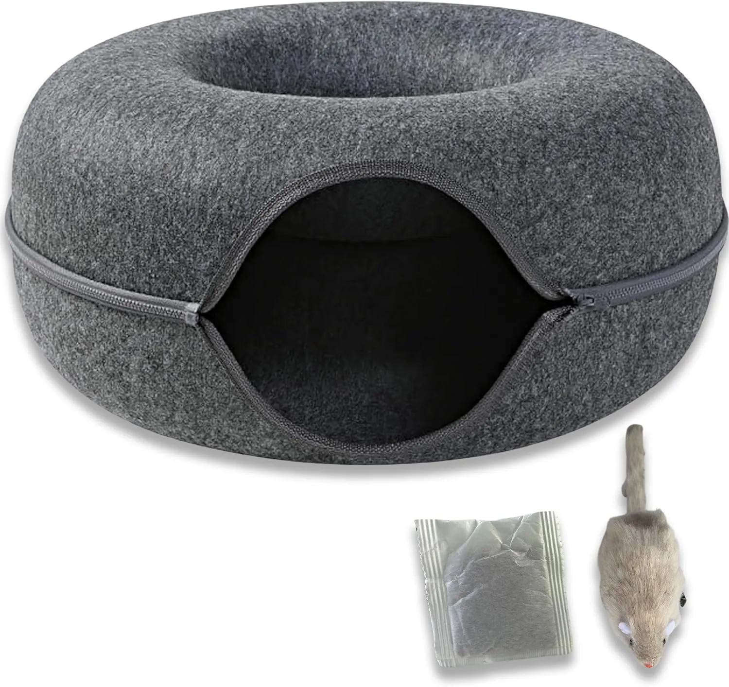 Laluz 2021 Large Cat Tunnel Bed for Indoor Cats Up to 30 Lbs Peekaboo Donut Cave with Catnip and Plush Toys Scratch Resistant Felt Design Detachable and Washable Cat Tunnel (Dark Grey, L)