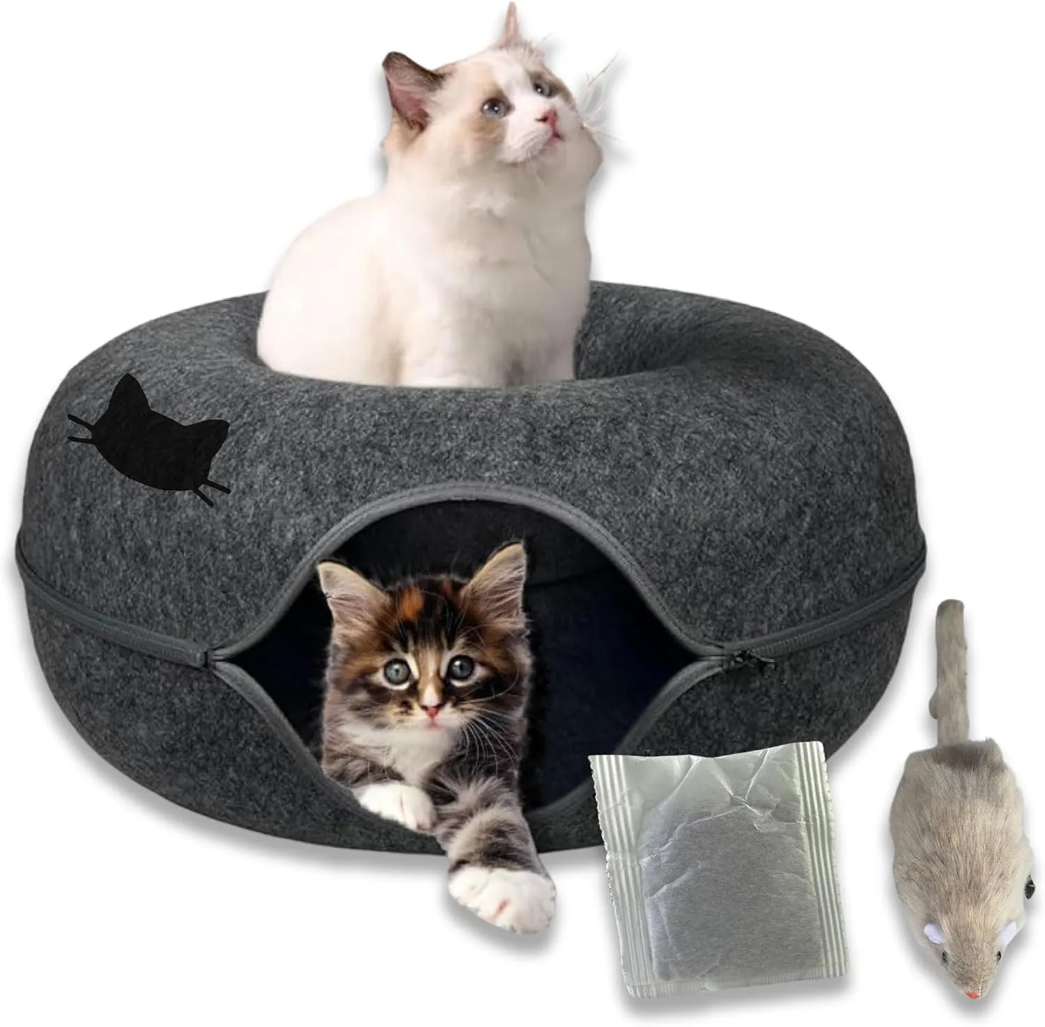 Laluz 2021 Large Cat Tunnel Bed for Indoor Cats Up to 30 Lbs Peekaboo Donut Cave with Catnip and Plush Toys Scratch Resistant Felt Design Detachable and Washable Cat Tunnel (Dark Grey)