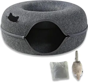 Laluz 2021 Large Cat Tunnel Bed for Indoor Cats Up to 30 Lbs Peekaboo Donut Cave with Catnip and Plush Toys Scratch Resistant Felt Design Detachable and Washable Cat Tunnel (Dark Grey)