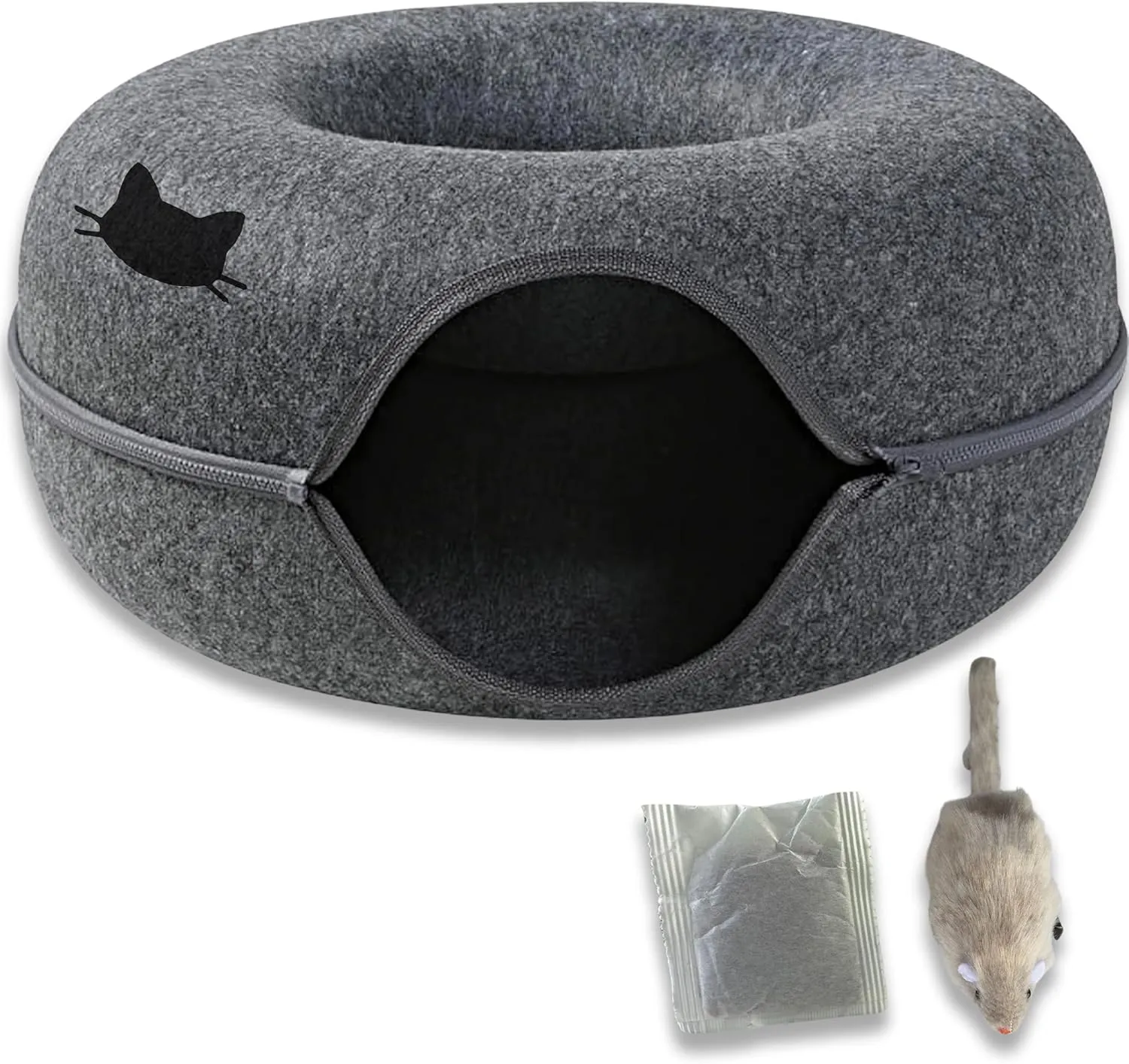 Laluz 2021 Large Cat Tunnel Bed for Indoor Cats Up to 30 Lbs Peekaboo Donut Cave with Catnip and Plush Toys Scratch Resistant Felt Design Detachable and Washable Cat Tunnel (Dark Grey)