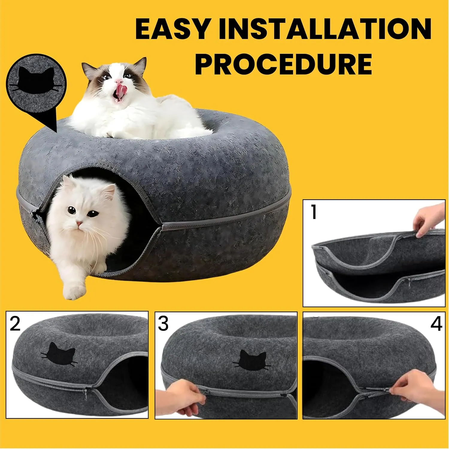Laluz 2021 Large Cat Tunnel Bed for Indoor Cats Up to 30 Lbs Peekaboo Donut Cave with Catnip and Plush Toys Scratch Resistant Felt Design Detachable and Washable Cat Tunnel (Dark Grey)