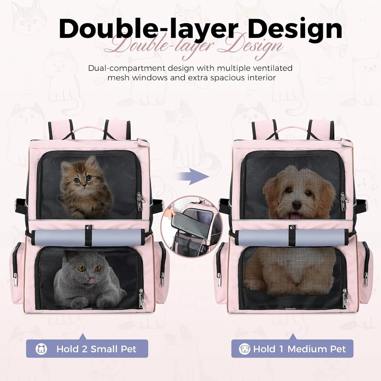 Lekebobor Double Cat Backpack Carrier for 2 Cats, Double-Compartment Pet Carrier Backpack for Two Small Cats or One Medium Dogs, Cats Carrier Backpack Dog Carrier Backpack Fits Up to 24 Lbs,Pink